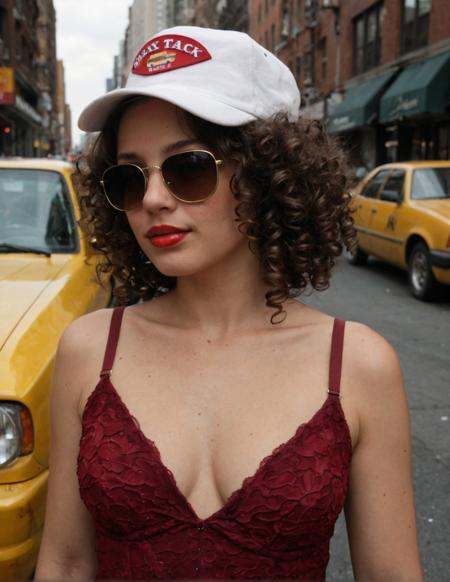 score_9, score_8_up, score_7_up,(photo:1.2),(realistic:1.2),(realistic skin:1.2),A woman in burgundy attire and sunglasses, with red lipstick, stands near the yellow taxi on a New York street. The background is blurred, creating an atmosphere of movement and dynamism. She has dark, curly hair styled into retro-style curls. Her hat covers her face, adding to her mysterious aura.