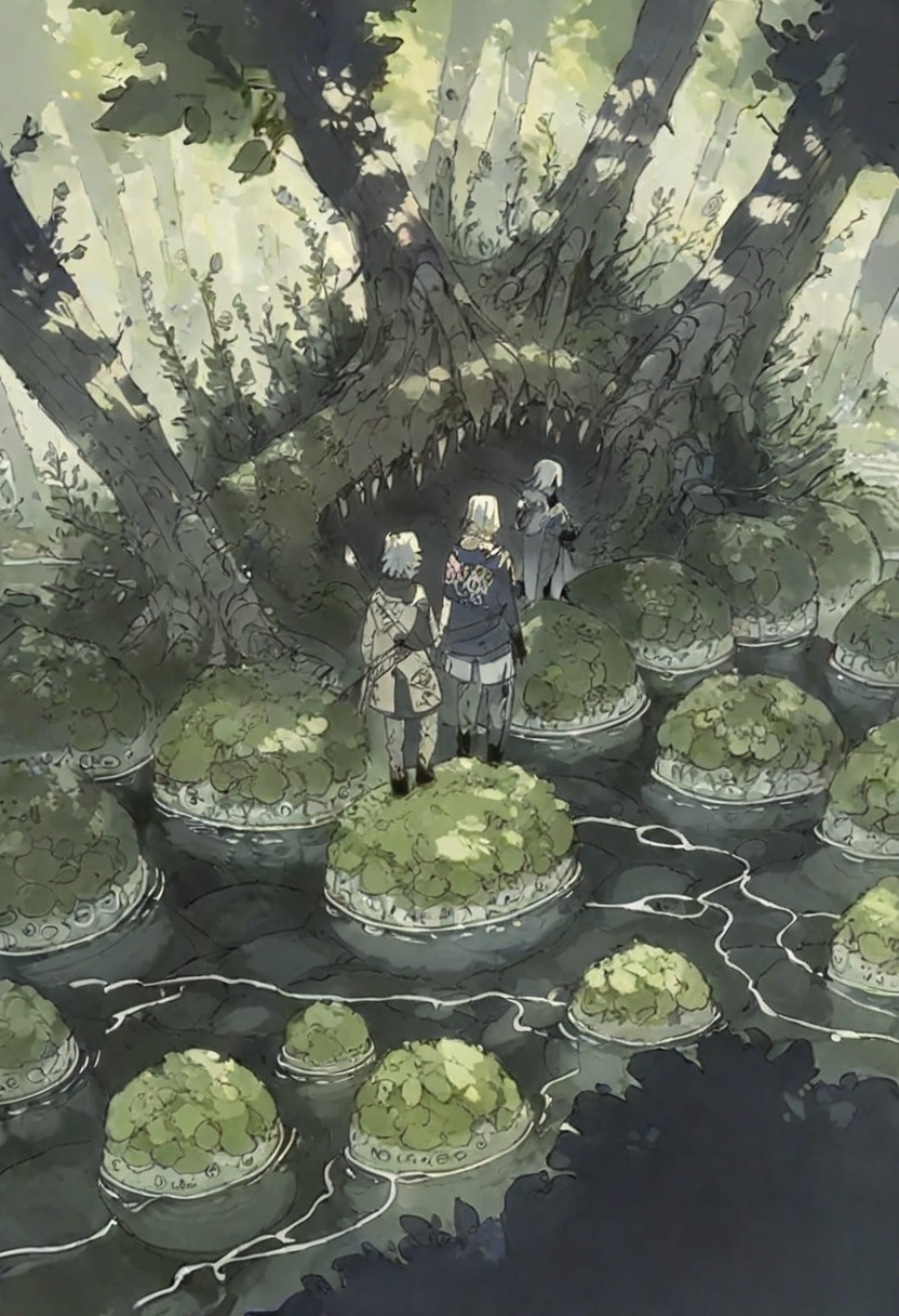 multiple boys, qk2, nature, tree, water, outdoors, moss, forest, holding, standing, rock, sunlight, pants, facing away, blue capelet, boots, riverbank, from behind, shorts, weapon, dappled sunlight, black pants, scenery, wide shot, grass, long sleeves, shield, sword on back, white shirt, kneeling, from above, shirt, day, brown footwear, staff, weapon on back, black hair, capelet,A forest scene. it shows a group of people walking through the woods, with trees and bushes surrounding them. in the center of the image, there is a large tree trunk that appears to be floating above the ground. the tree trunk is covered in moss and rocks, and there are several smaller rocks scattered around the base of the tree. on top of the trunk, there are two people walking side by side, one wearing a blue jacket and the other wearing a brown jacket. there are also several wooden sticks hanging from the tree's branches, which appear to be used as markers or signs. the background shows a small stream running through the forest and some rocks scattered on the ground.masterpiece, best quality, newest, absurdres, safe <lora:okra_v2.5-000030:1>
