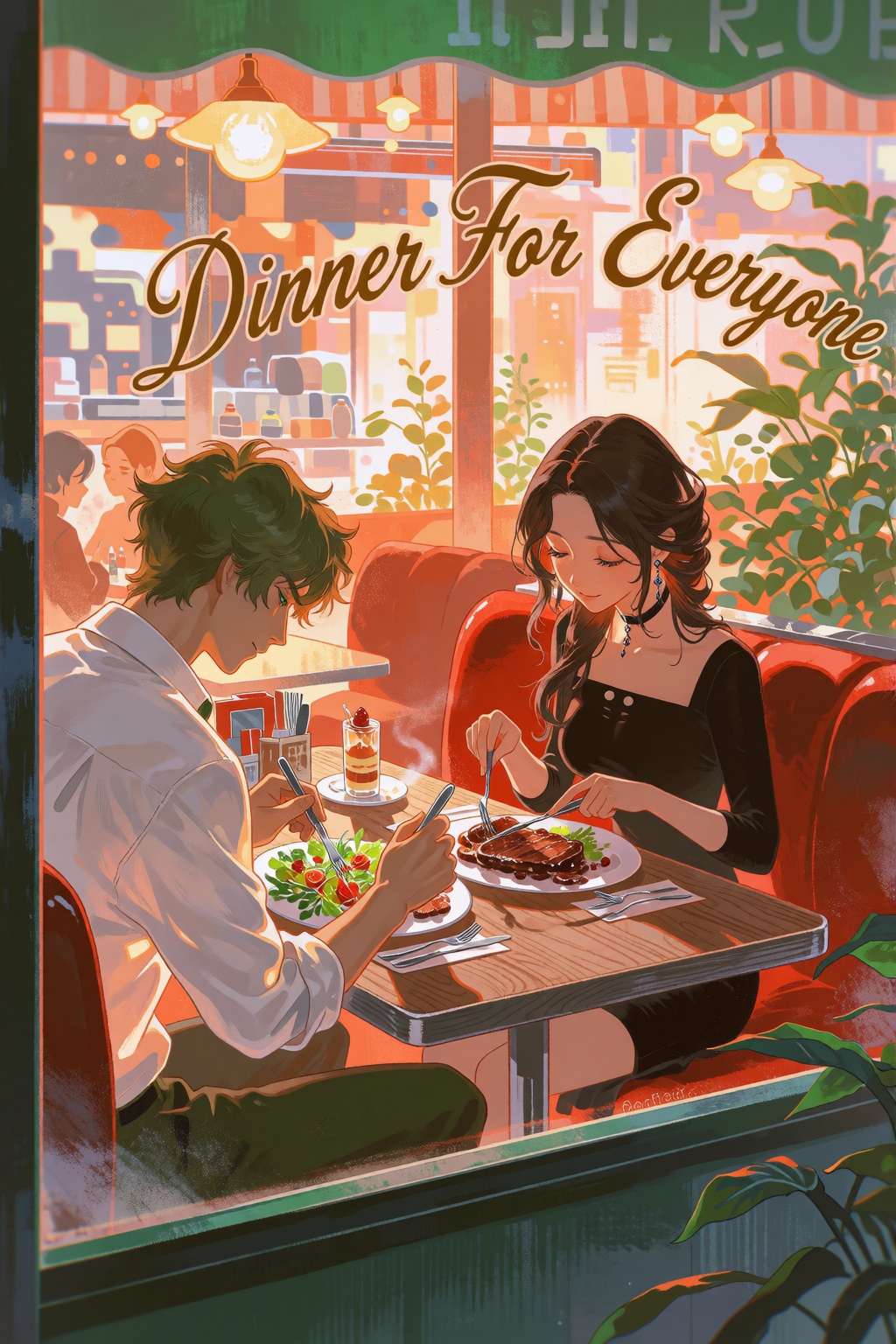 Atmospheric,  slice-of-life illustration bathed in warm amber diner light,  captured from a street-level viewpoint through...