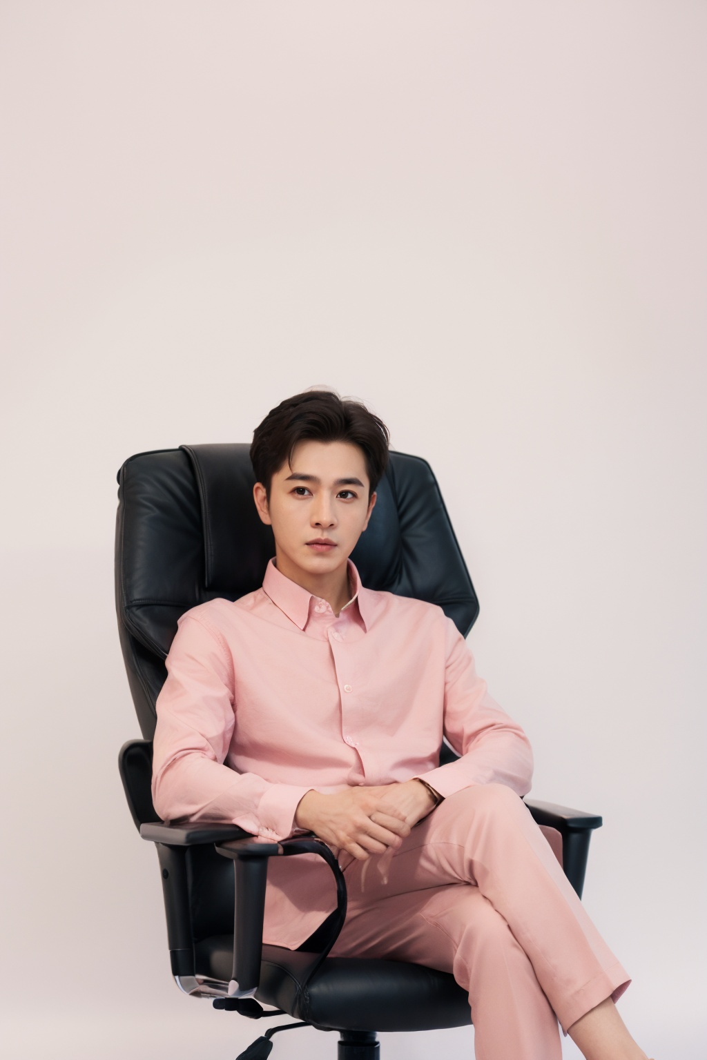 1 boy,handsome male,white background,,QiaoZY20240815002,(pink shirt),(on chair),(crossed legs),<lora:QiaoZY_20240815112510:0.5>