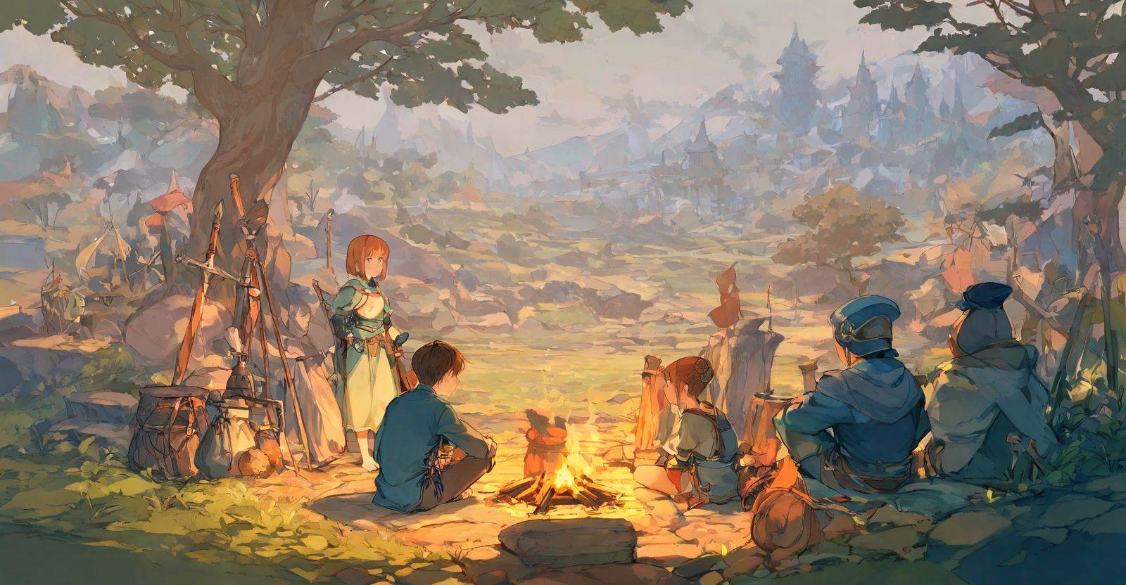 highres,extremely detailed 8k wallpaper,illustration,depth of field,great quality,masterpiece,best quality,amazing quality,very aesthetic,absurdres,Japanese fantasy style,artist:ciloranko BREAK<lora:Japanese fantasy style:0.8>, -Japanese fantasy style, sitting, fantasy, scenery, outdoors, multiple girls, tree, barefoot, short hair, 1boy, fire, brown hair, 2girls, campfire, 1girl