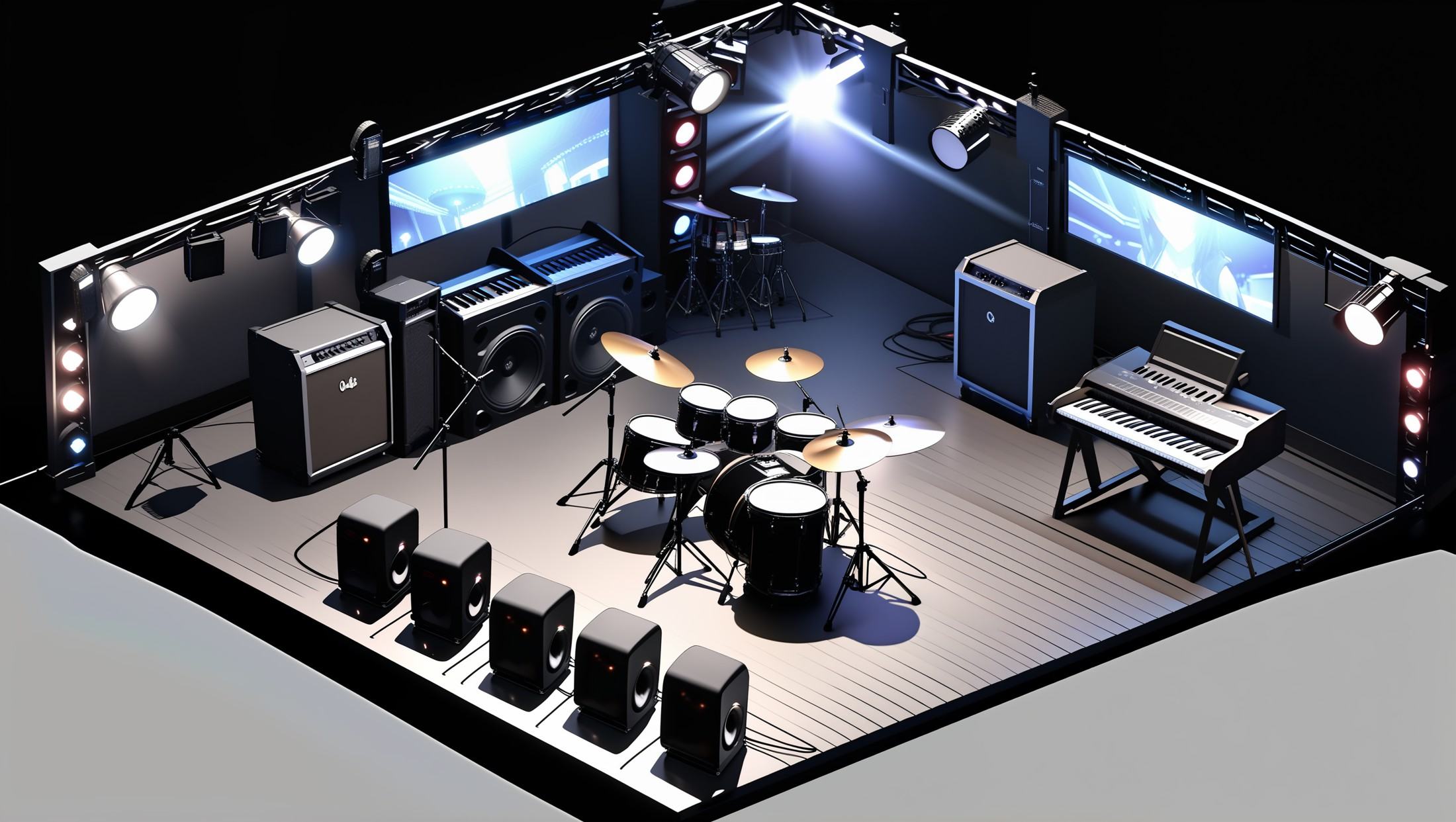 masterpiece,best quality,<lora:gamebg:0.5>,3d,white background,no humans,room-style,sturdy black wooden flooring,dark walls,acoustic panels,elevated stage platform,sound equipment,instruments,lighting equipment,large LED screen,dynamic backgrounds,drum set,electronic keyboard,electric guitars,bass guitars,amplifiers,effect pedals,tall speakers,stage lights,spotlights,laser lights,strobe lights,dark carpet,standing area,portable chairs,ceiling acoustic panels,technical control booth,sound control,light control,rock band posters,artwork,small bar area,drinks,snacks,