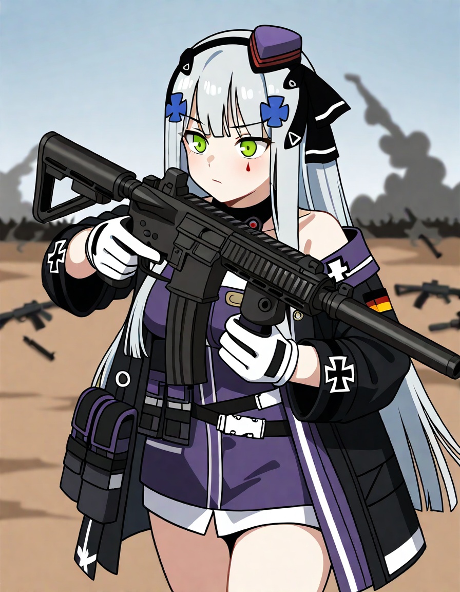 1girl,hk416 \(mod3\) \(girls' frontline\),girls' frontline,1girl,green eyes,long hair,grey hair,white hair,very long hair,blunt bangs,hair ornament,medium breasts,white gloves,mini hat,open jacket,assault rifle,facial mark,h&k hk416,german flag holding rifle,aiming rifle,hk416,tactical gear,plate carrier,shooting rifle,detailed background,battlefield,masterpiece,best quality,amazing quality,