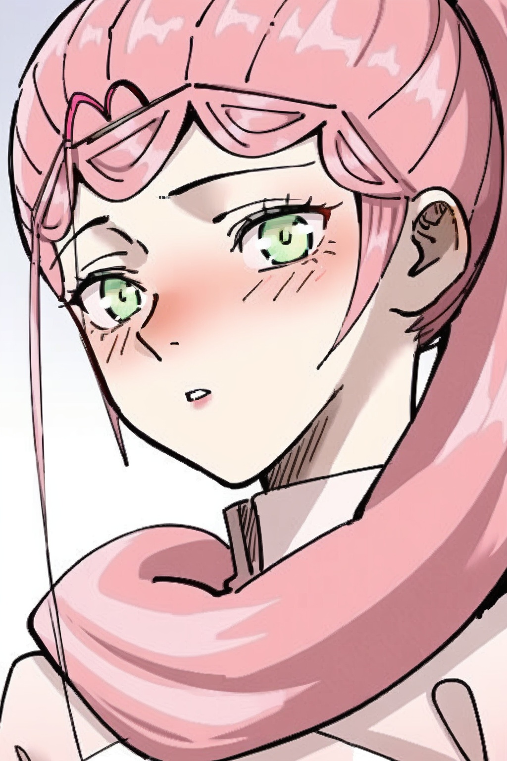 ,lyy,1girl,solo,blush,green eyes,pink hair,<lora:龙羽音pony (5):1>