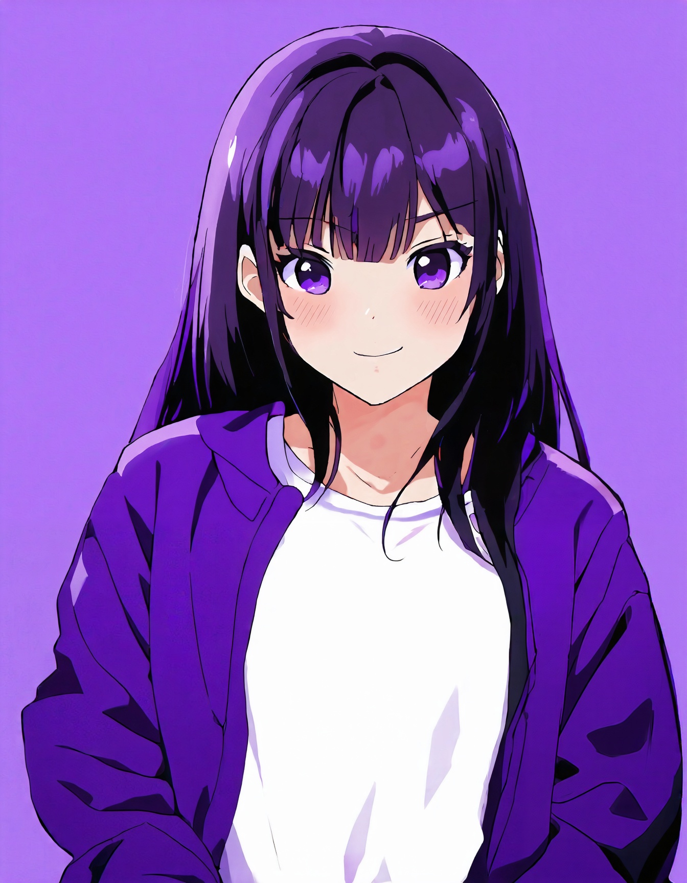 anime style,  anime girl with purple hair and black hair wearing a white top and purple jacket standing in front of a purp...