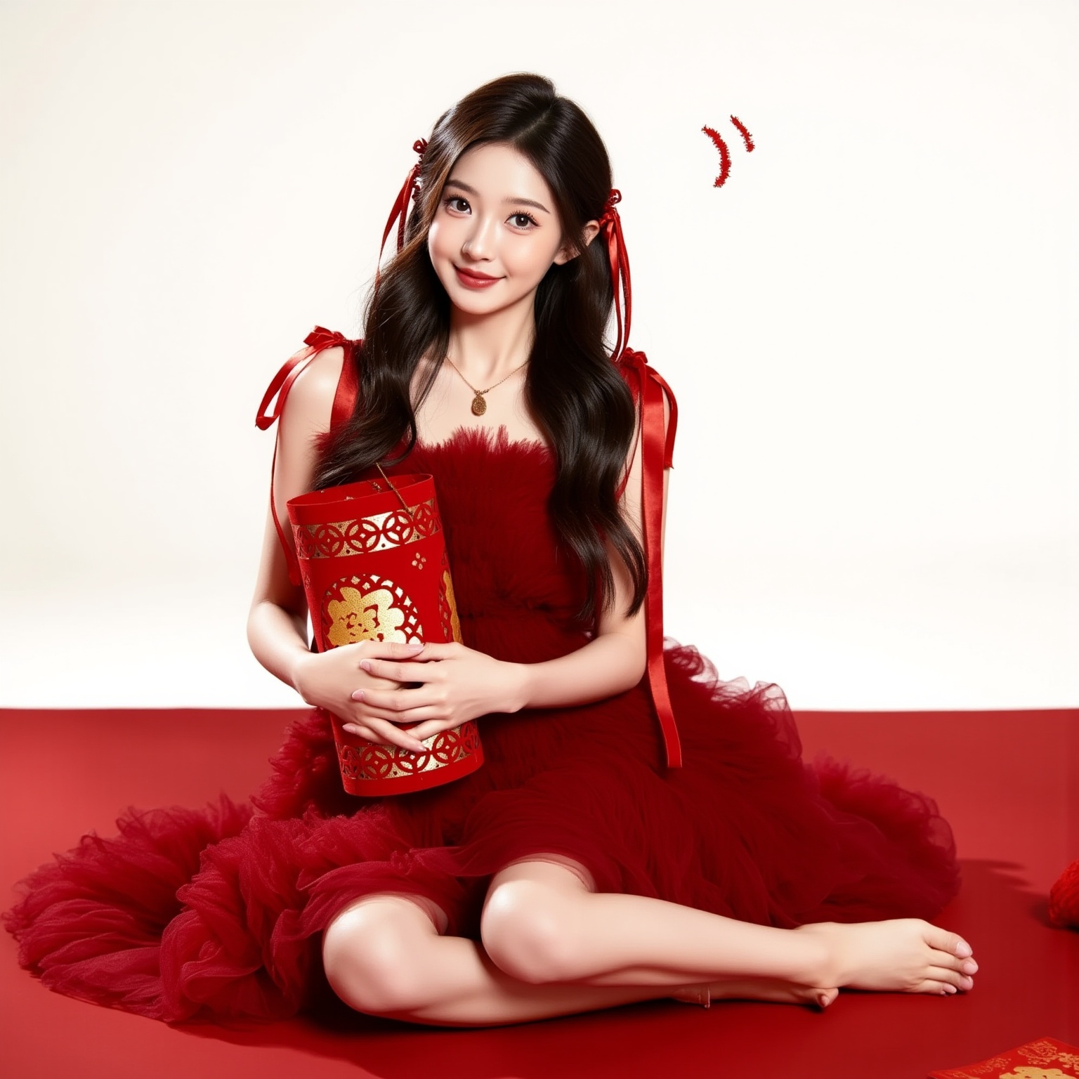 1girl,The picture is a high-resolution photograph featuring a young East Asian woman with fair skin and long, wavy black hair styled in loose waves, parted to the side. She has delicate features, with a gentle smile and expressive brown eyes. She is wearing a sleeveless, deep red dress made of a sheer, ruffled fabric that gives it a voluminous, ethereal look. The dress has a sweetheart neckline and is adorned with delicate red ribbon straps that crisscross over her shoulders. She is seated on a red surface, possibly a carpet, with her legs slightly apart. She is holding a large, rectangular red lantern with intricate gold designs and red tassels, which she cradles in her arms. The background is a plain white, giving her a stark contrast that makes her the focal point of the image. The overall color palette is dominated by red and white, with a touch of gold from the lantern. The lighting is soft and diffused, creating a warm and inviting atmosphere. <lora:新年摄影FLUX:0.9>