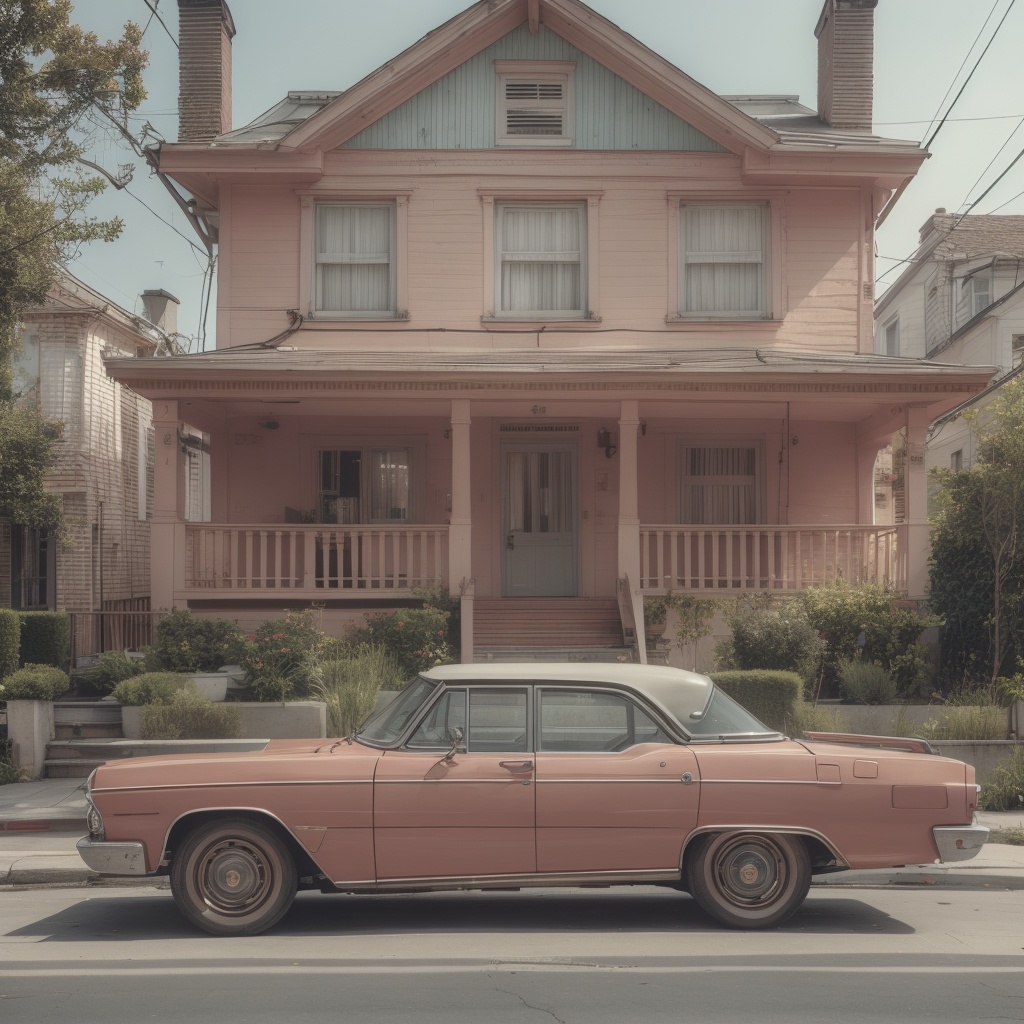 masterpiece,best quality,realistic,<lora:Hyper-SD15-12steps-CFG-lora:1>,by wes anderson,symmetrical composition,<lora:WA_test:1>, a old car,parked afront a house