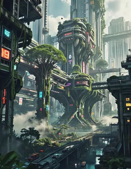 photo of vertical eco-arcology,  flooded futuristic canyon,  massive trees growing through structures on Tensor.Art