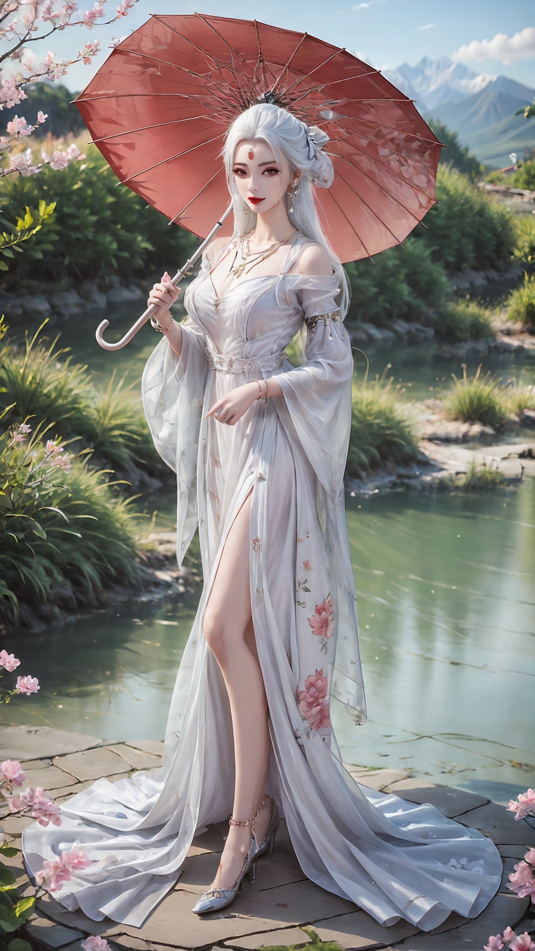 1girl,umbrella,solo,dress,white dress,holding umbrella,jewelry,long hair,holding,outdoors,chinese clothes,mountain,earrings,necklace,long sleeves,white hair,<lora:girl miaojiangxiaobai_20240912173536:0.7>,