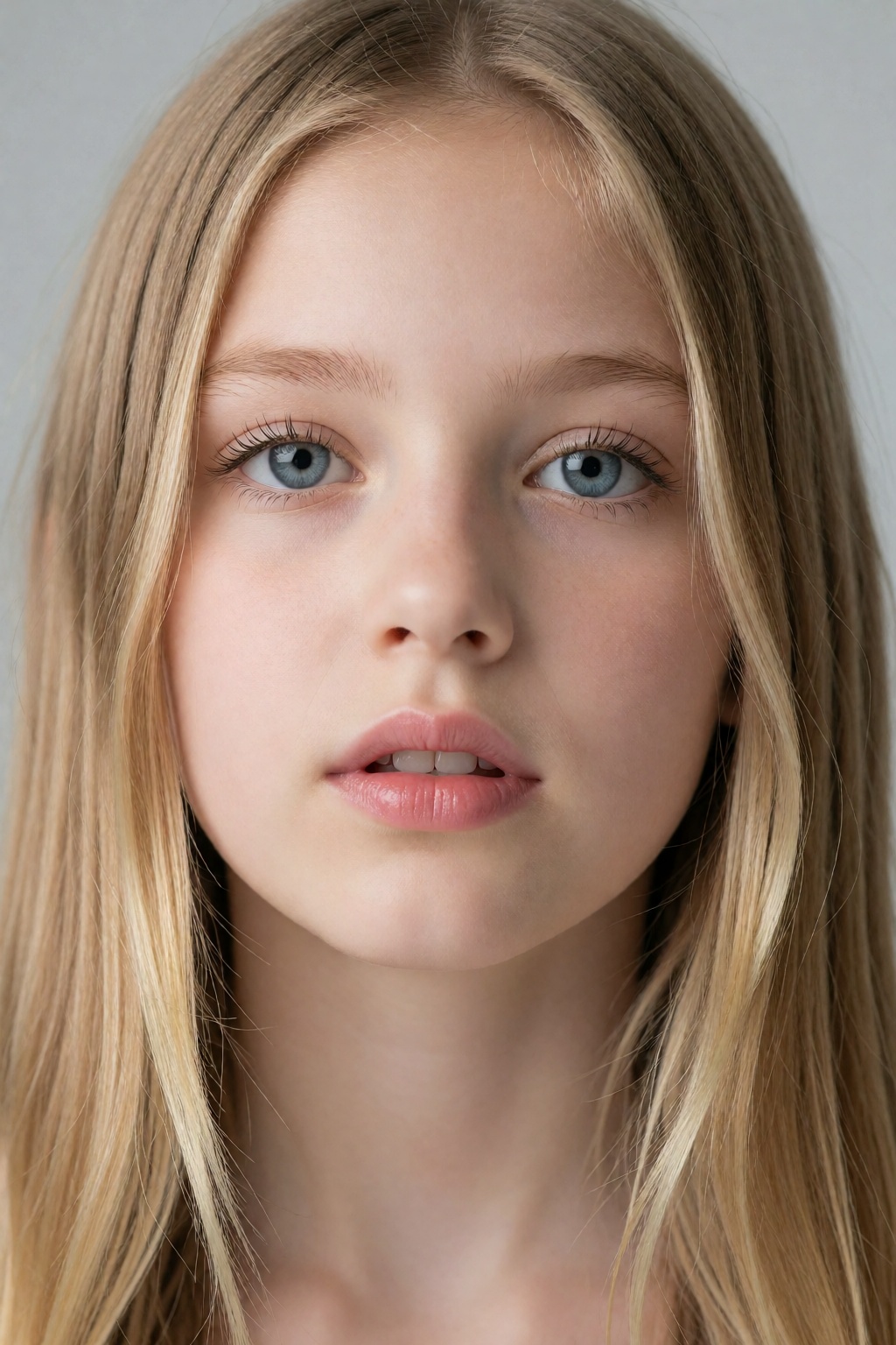 A headshot portrait of a young Caucasian female,  appearing to be in her late teens,  is centrally framed. She has long bl...