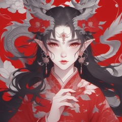 longren1,1girl,flower,dragon,hair ornament,eastern dragon,black hair,hair flower,earrings,jewelry,looking at viewer,parted lips,long hair,portrait,solo,hand up,horns,red flower,grey eyes,red eyes,red background,floral print,red theme,<lora:hclv-000008:0.8>,