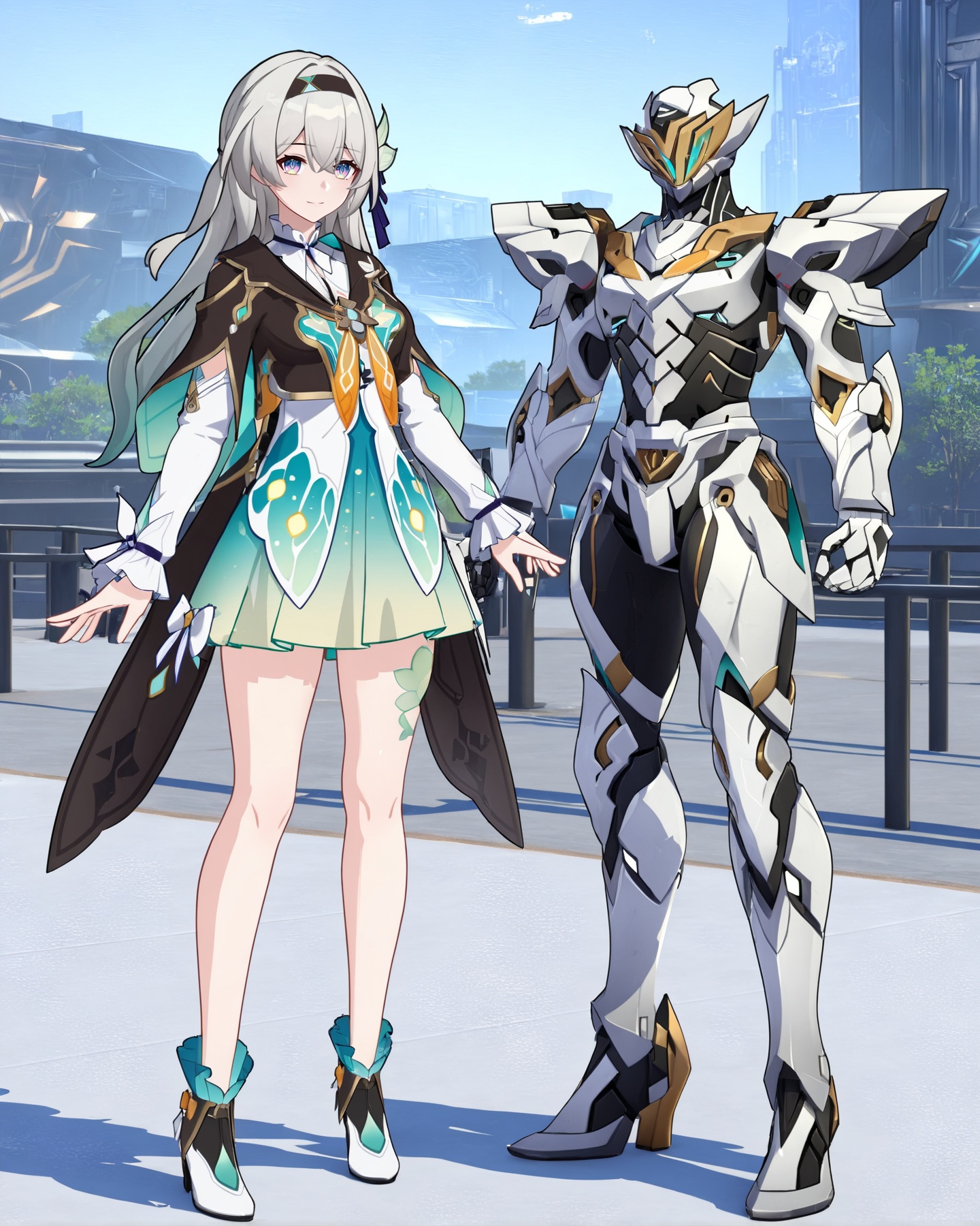 (8k:0.9), best quality, masterpiece, (ultra-detailed:1.2), (high detailed skin), full body, <lora:LKtrainre-A3-Tanger-000010:0.7>, Firefly /(honkai: star rail/), Firefly's def clothes, Sam /(honkai: star rail/), 1girl, robot,  two anime characters standing next to each other, 
