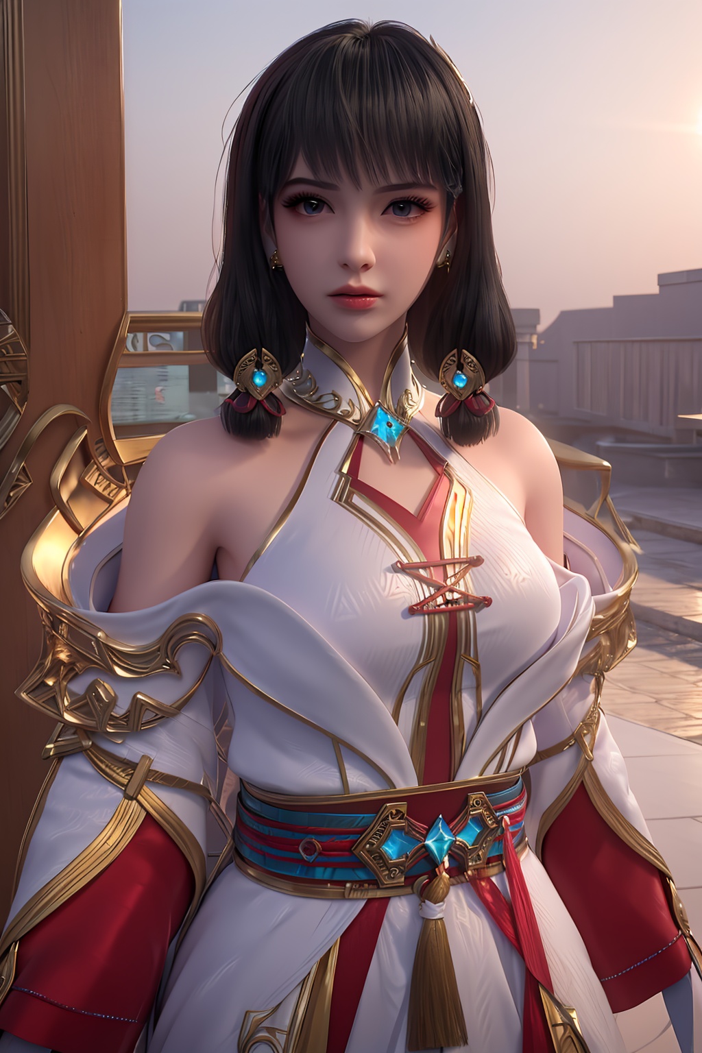 3D,masterpiece,(best quality),(makeup),official art, extremely detailed cg 8k wallpaper,((crystalstexture skin)), (extremely delicate and beautiful),(highly detailed),(face),(1girl), (solo), (jewelry), (earrings),(black_hair),(long_hair),(hair_ornament),(handwear),(breasts),(standing),(collar),(hair_tubes),(tassel),(gold_trim),,((upper_body)),(off-shoulder_dress),,(multicolored_clothes),(multicolored_dress),(closed_mouth),(shiny_clothes),(shoulder_armor),(sunshine, outdoor,),((looking_at_viewer)),((Facing the camera)),, <lora:hipoly3DModelLora_v10:0.3>