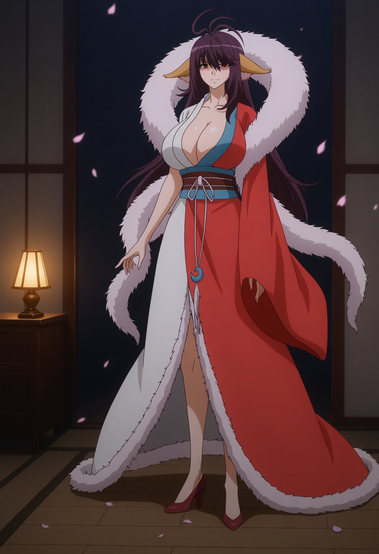 (full_body:1.1),(gigantic breasts:0.8),(slender:1.3),(looking_at_viewer:1.1),(masterpiece:1.1),(best quality:1.2),(intricate details),(smog:1.3),(Dark room:1.3),(dim lighting:1.3),peach blossom,falling petals,<lora:YQ_Illustrious光辉二次元国漫V1_tushanyaya_hongyi_V1:0.8>,q1528437228,1girl,solo,long hair,animal ears,chinese clothes,dress,red dress,purple hair,sash,antenna hair,black hair,fox ears,obi,red eyes,brown hair,fur trim,long sleeves,fur-trimmed cape,feather boa,ahoge,high heels,hair over eyes,hat,red footwear,asymmetrical clothes,masterpiece,(best quality),(intricate details:0.9) BREAK (intricate details:0.9),(realistic skin:1.2),masterpiece,best quality,newest,absurdres,hiahres,