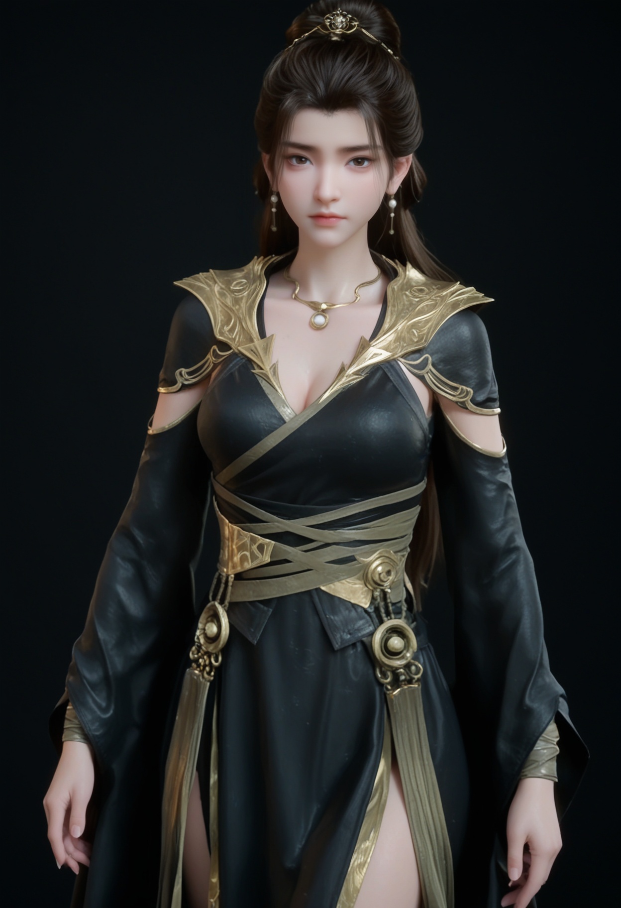 (cowboy shot:1.2),score_9,score_8_up,masterpiece,(best quality),intricate details,facing viewer,(looking at viewer:1.1),<lora:YQ_pony_yanruyan_V4:0.8>,q1528437228,1girl,solo,black hair,long hair,jewelry,earrings,necklace,black dress,dress,black eyes,long sleeves,hair bun,ponytail,wide sleeves,sash,single hair bun,hair ornament,detached sleeves,brown hair,pale skin,boots,black footwear,BREAKscore_9,score_8_up,masterpiece,(best quality),perfect anatomy,(hourglass),perfect face,(simple background,pure black background,black background:1.1),fair_skin,shiny_skin,Ivory_skin,