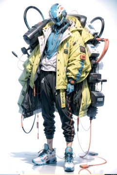 jacket, solo, pants, sneakers, shoes, white background, no humans, helmet, standing, black pants, full body, gloves, male focus, science fiction, 1boy