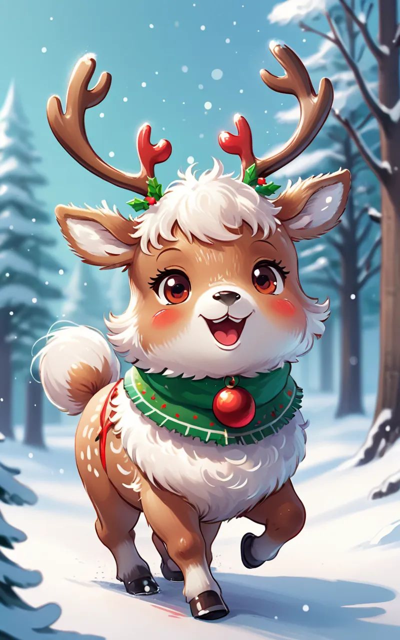 Illustration of a kawaii Christmas reindeer with a fluffy,  soft appearance,  adorned with a festive red and green collar...