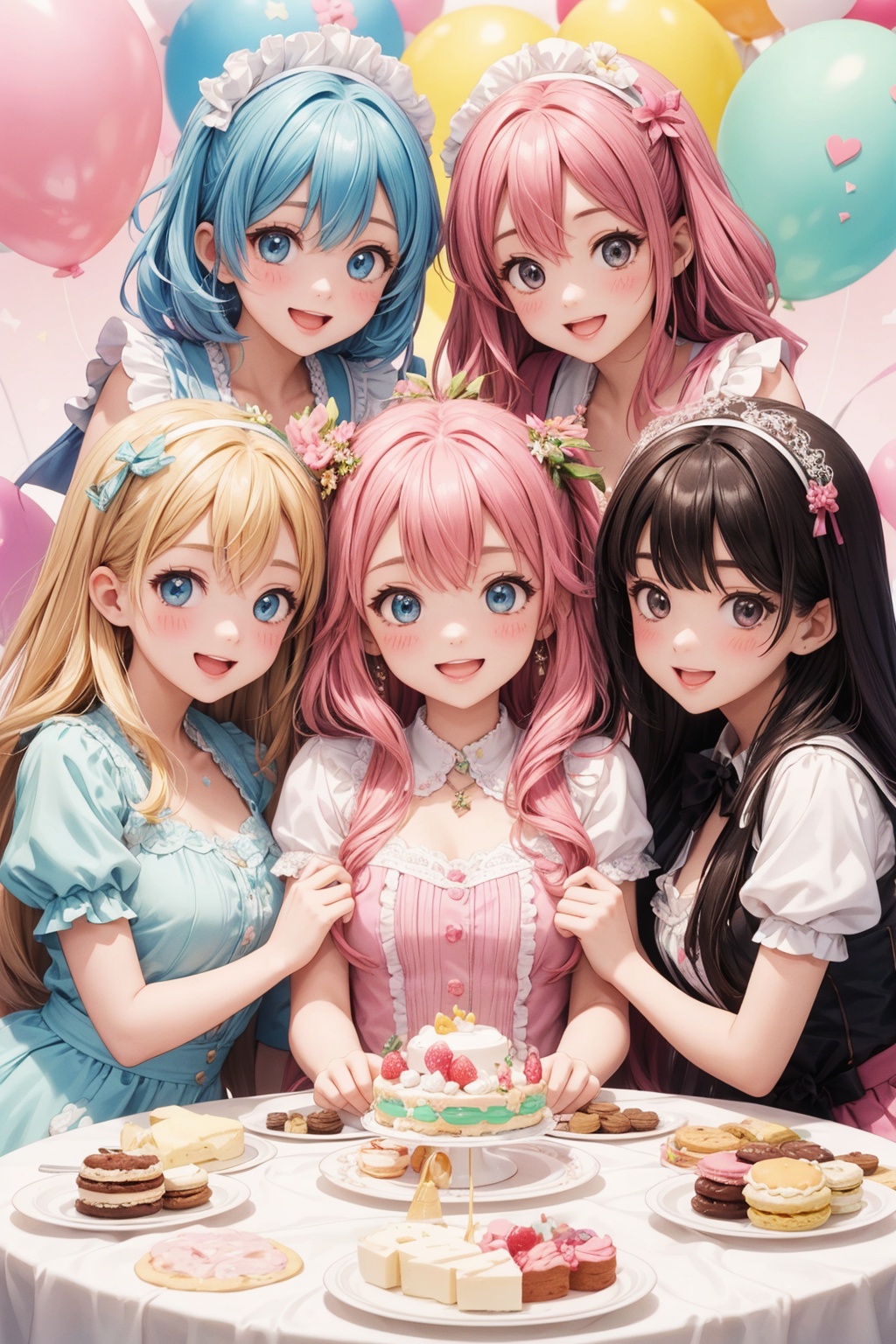 4+ girls, multiple colored hairs, sweet maids, random cute faces, super happy smiling, open mouth, group shot, zoom camera, sweet tea party, lots of cakes, macarons, chocolates, parfaits, cookies, land of sweets