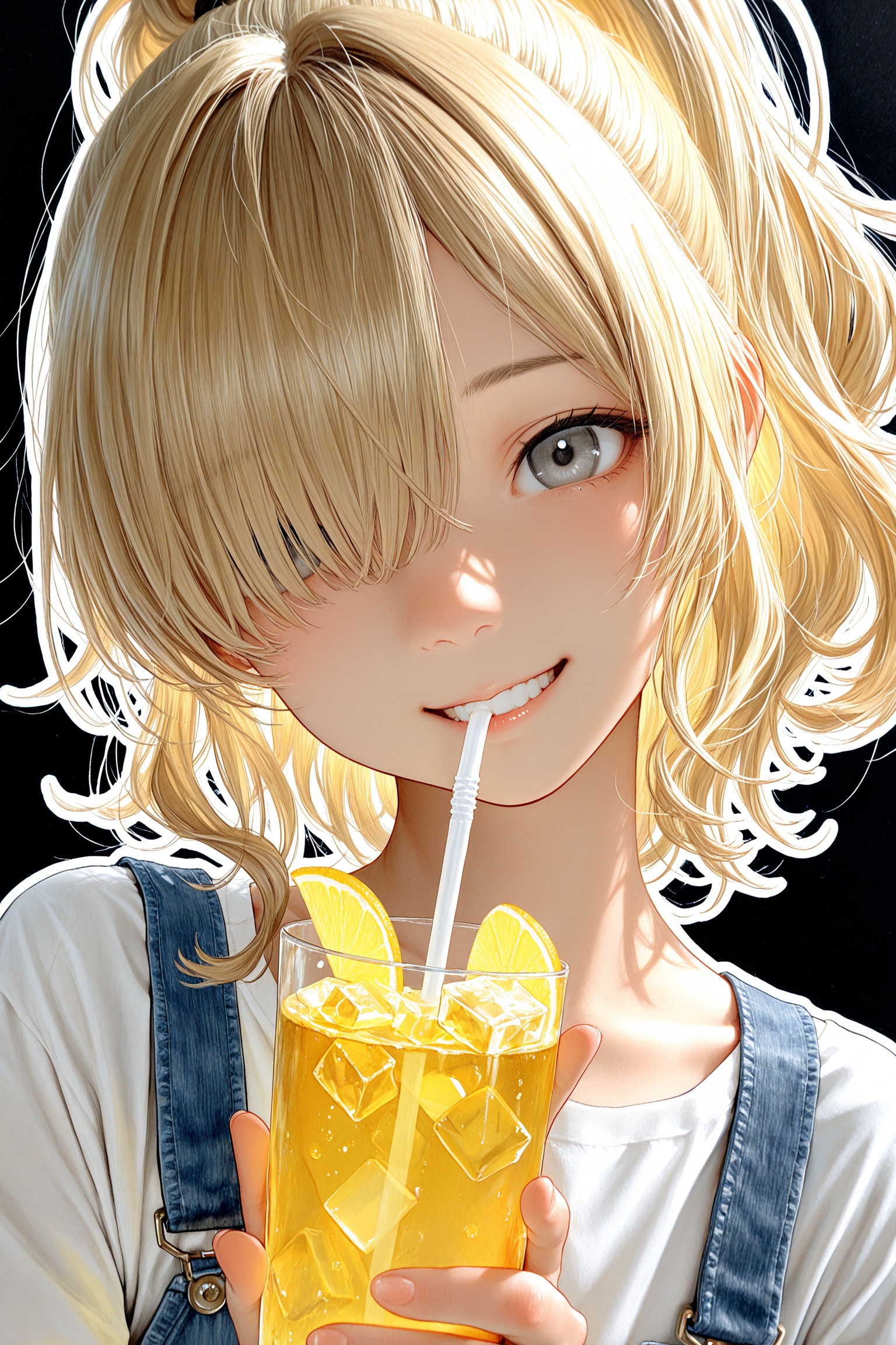 masterpiece,best quality,traditional media,hatching,1girl,wavy blonde hair,high ponytail,hair over one eye,grey eyes,cute,petite,smile,teeth,head tilt,v,close up,portrait,face focus,denim overalls,white shirt,holding glass,ice cubes,drinking straw,lemonade,black background,white outline,