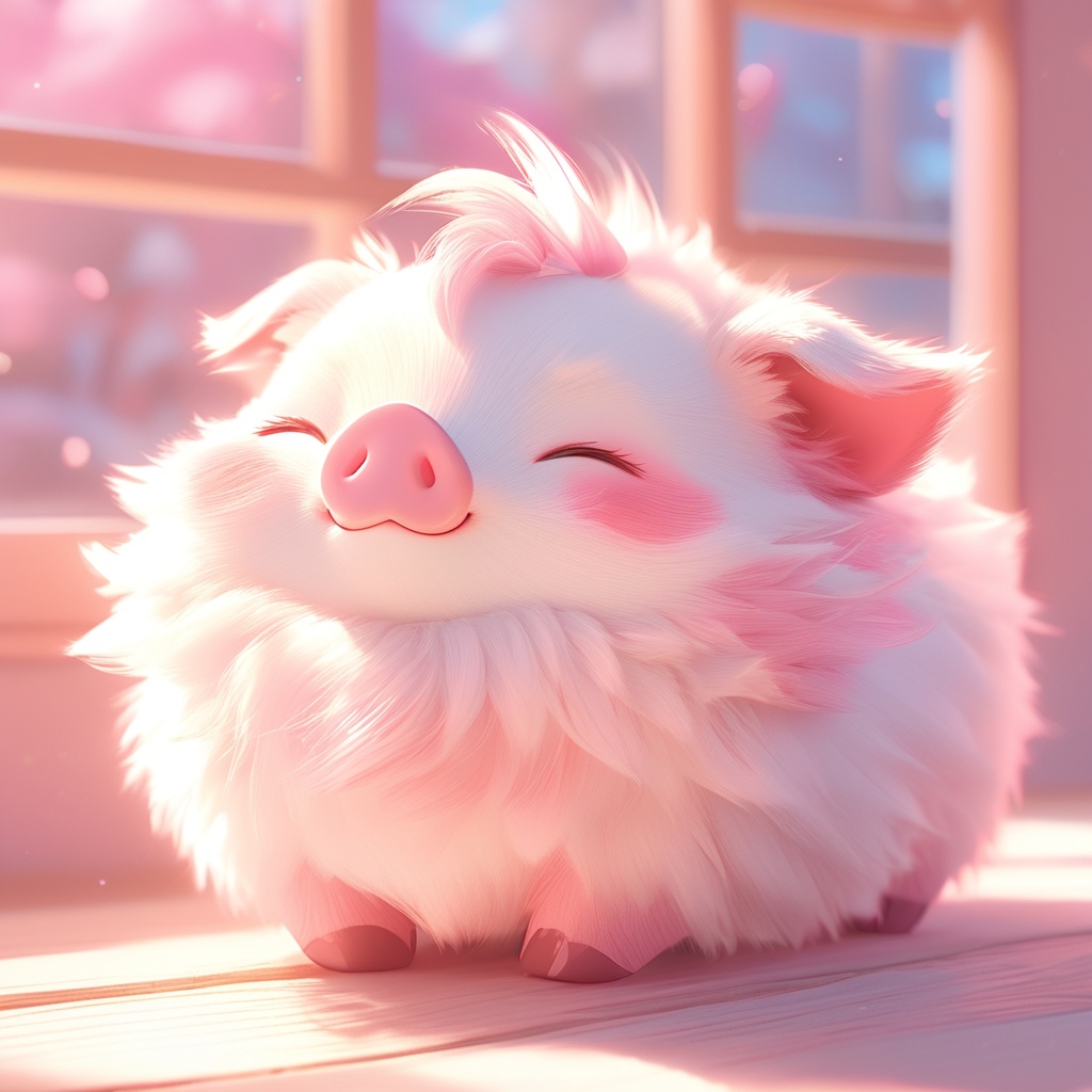 haizhu, pig, fluffy, sunlight, light particles, ^ ^, whiskers, cc-color-correction, mf-movie-filter, warm colors, whimsy and dramatic lighting, white fur, soft lighting, pig focus, no humans, closed eyes, solo, smile, full body, cute, indoors, day, closed mouth, blurry, window, blurry background, standing, happy, facing viewer, pink theme, pokemon \(creature\), animal focus<lora:haizhu_xl:0.8>,