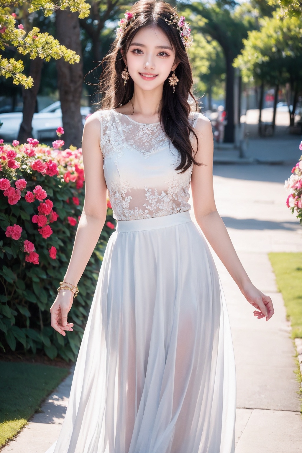 1girl, jewelry, solo, bracelet, earrings, brown hair, looking at viewer, long hair, ring, outdoors, floral print, see-through, breasts, flower, skirt, long skirt, blurry, parted lips, sleeveless, lips, blurry background, standing, dress, tree, bare shoulders, brown eyes, smile, shirt, white skirt, hair ornament, realistic, photorealistic, day, mole, medium breasts, collarbone, white dress