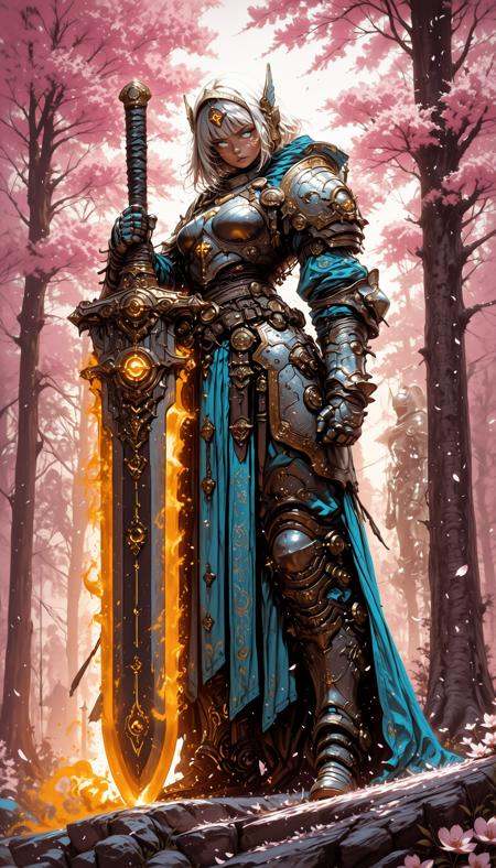 hkstyle,,    holding weapon, fighting stance, holding  buster sword,huge weapon,,  fantasy anime style, anime artwork, official art, highly detailed, vibrant colors, magical atmosphere, digital painting, ethereal glow, soft shadows, cinematic lighting masterpiece, best quality, high quality, ultra-detailed, realistic,  traditional media, western comics \(style\) ,limited palette, partially colored, vivid_color, high contrast, speed lines, sound effects, move_effects, action Create a vivid portrayal of a futuristic warrior standing amidst a serene backdrop of cherry blossom trees in full bloom. The warrior is adorned in ornate armor, predominantly in shades of gold and silver, with intricate designs and patterns. The helmet of the warrior is a striking shade of blue, contrasting with the metallic sheen of the armor and the vibrant green glow emanating from the sword. The scene is bathed in a soft, ethereal light, casting gentle shadows and highlighting the delicate beauty of the blossoms. The overall style of the image leans towards a blend of realism and fantasy, with a focus on the interplay of light and shadow to create depth and dimension. The scene is captured from a sideview angle, focusing on the full body of the warrior. 1girl, solo, holding, standing, weapon, outdoors, cowboy_shot, sword, holding_weapon, armor, tree, holding_sword, robot, cherry_blossoms, faceless, science_fiction, gold_trim, joints, glowing_weapon, humanoid_robot, glowing_sword, hkstyle,,    holding weapon, fighting stance, holding  buster sword,huge weapon,,  fantasy anime style, anime artwork, official art, highly detailed, vibrant colors, magical atmosphere, digital painting, ethereal glow, soft shadows, cinematic lighting