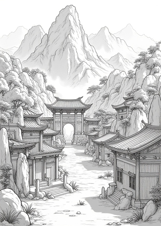three views,hua,shuiyi,A drawing of a majestic village,