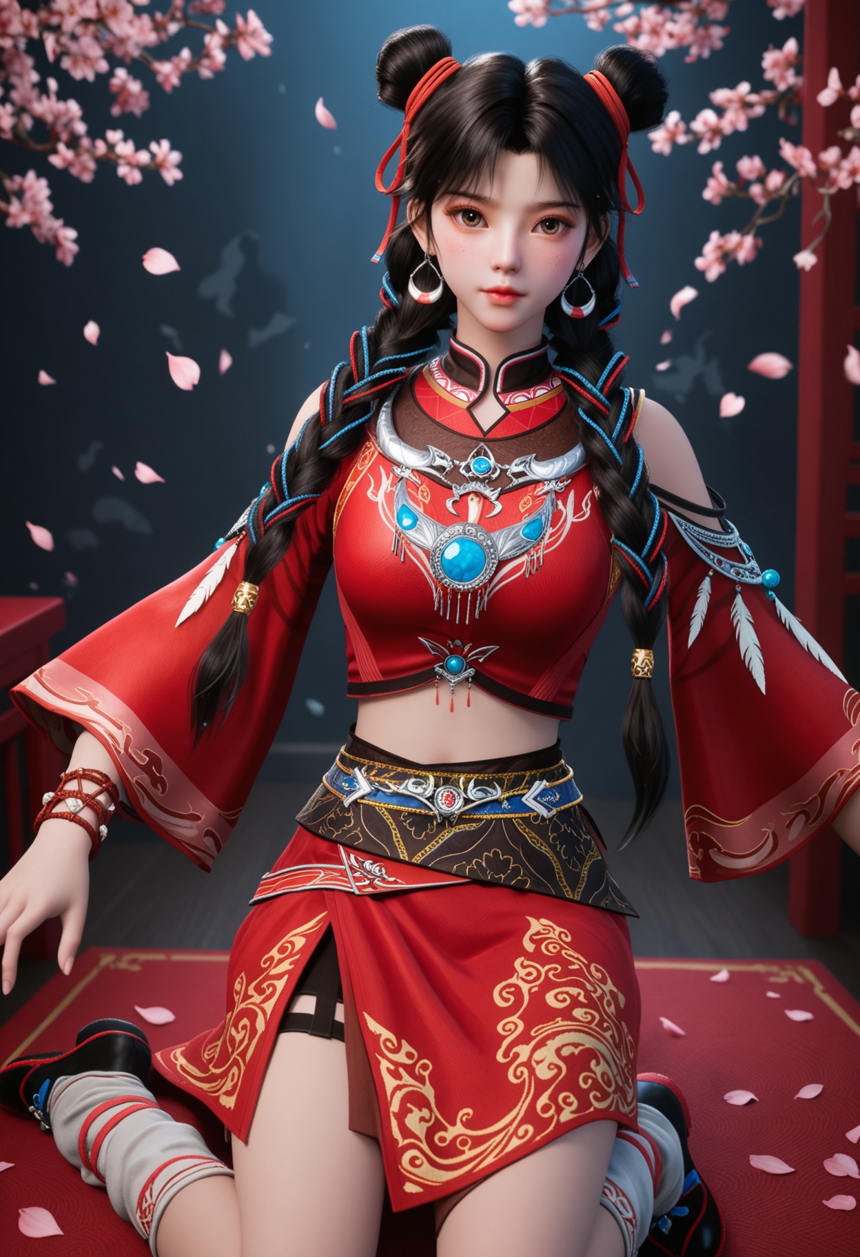 (cowboy shot:1.2),(looking at viewer:1.1),masterpiece,(best quality),smog,Dark room,dim lighting,peach blossom,falling petals,<lora:YQ_Illustrious光辉v5_白落衡_V1:0.8>,q1528437228,solo,1girl,jewelry,black hair,long hair,earrings,hair bun,braid,ribbon,hair ribbon,twin braids,double bun,brown eyes,chinese clothes,multiple braids,bracelet,crop top,skirt,multicolored hair,feathers,dress,red ribbon,red skirt,single hair bun,red dress,hair over shoulder,leg warmers,socks,shirt,brown hair,red shirt,necklace,freckles,shoes,long sleeves,detached sleeves,hair ornament,china dress,black eyes,multi-tied hair,wide sleeves,ribbon braid,black footwear,