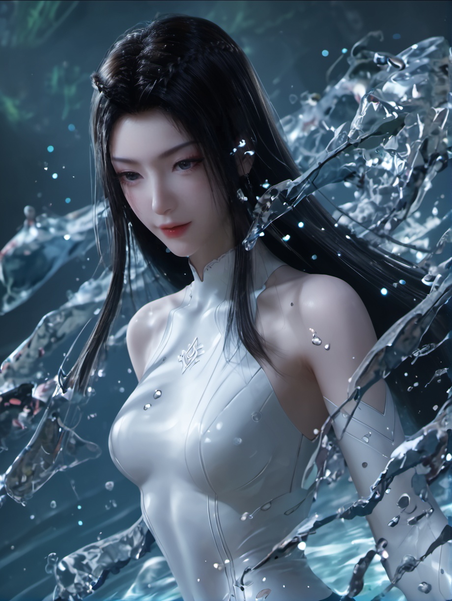 score_9,score_8_up,score_7_up,score_6_up,score_9,score_8_up,score_7_up,score_6_up source_anime,<lora:09元瑶pony:0.65>,her image is a digital art piece that appears to be a digital illustration of a woman in a body of water,The woman is in the center of the image,with her body partially submerged in the water,She is wearing a white bodysuit and her long dark hair is flowing behind her,The water is splashing around her,creating a sense of movement and energy,The background is dark and mysterious,with swirls and patterns that add to the overall mood of the scene,The overall color palette is predominantly blue and white,with hints of purple and green,The image has a dreamy and ethereal quality,with the woman's body and the water creating a surreal and dreamlike atmosphere.,