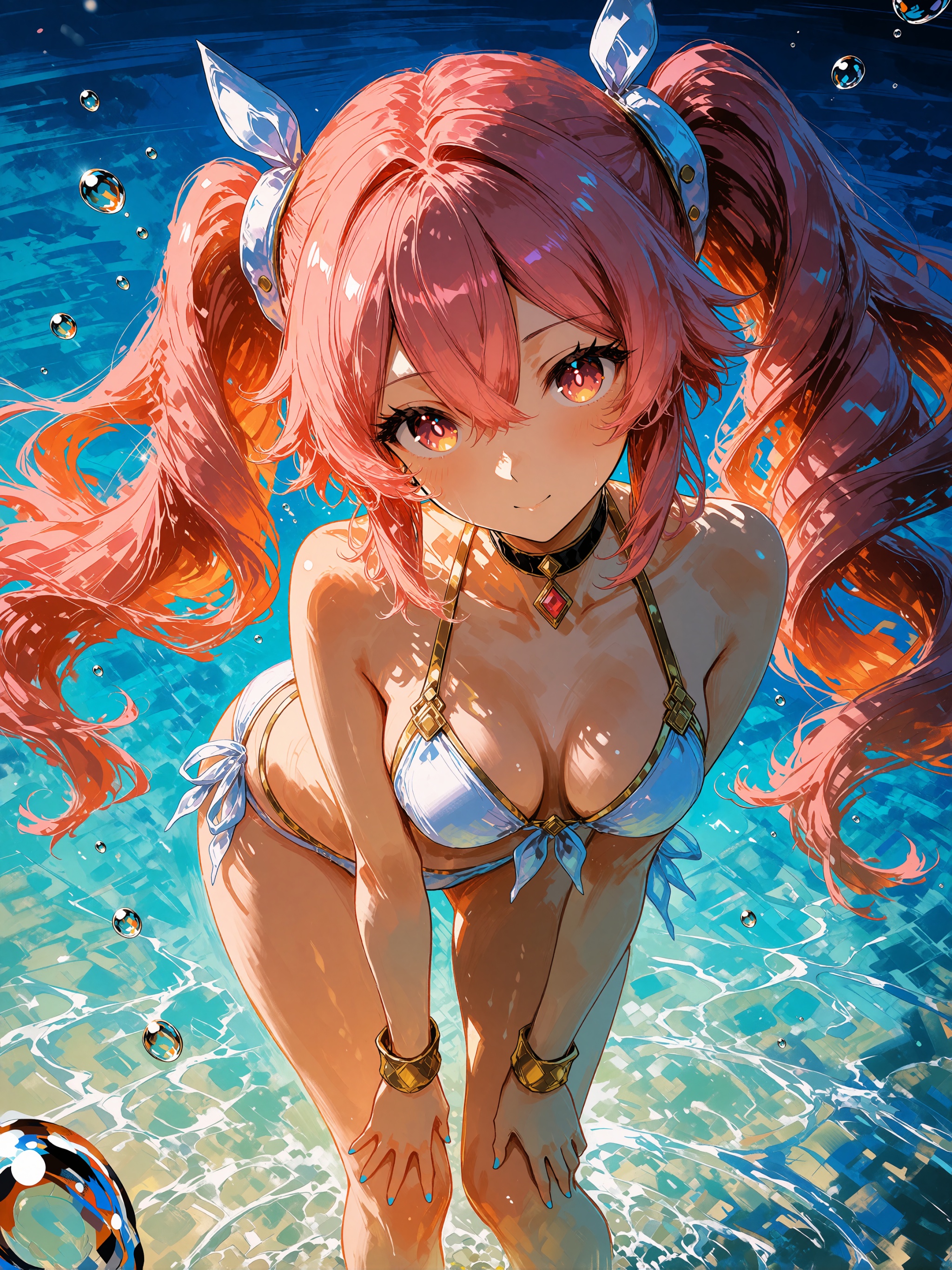 Girl with long pinkish-orange hair in high twin tails tied with blue ribbons,  wearing a white and blue string bikini with...