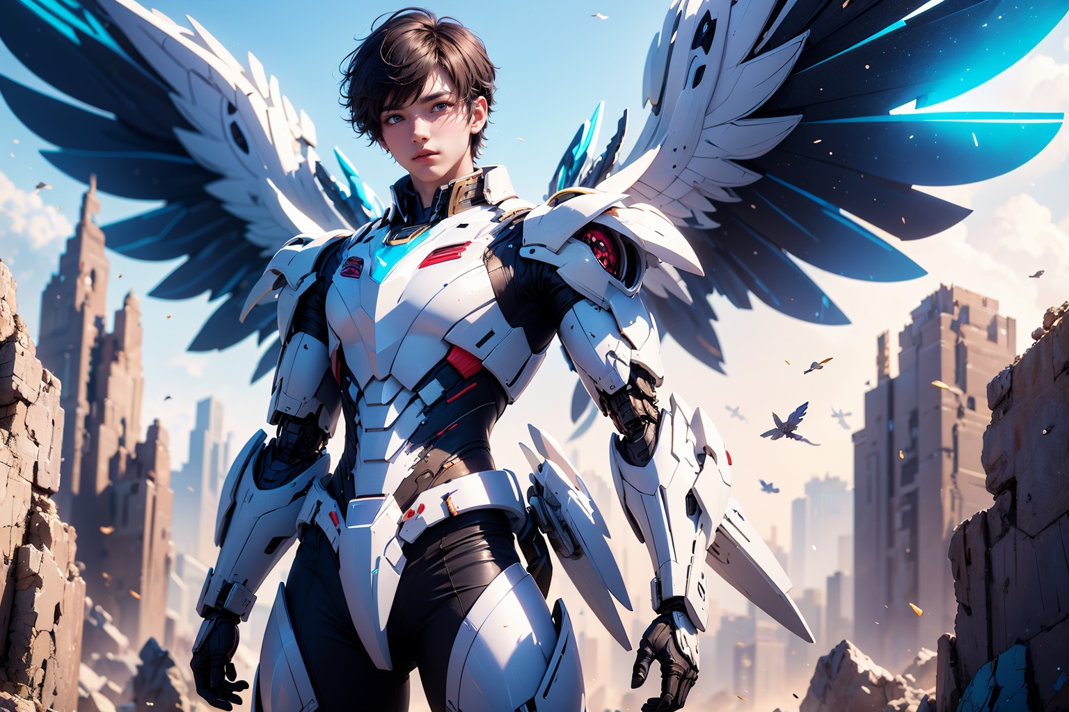 1boy,concept artwork,black hair,(a lonely solo boy:1.4),sky,wing,wings with fans,graphics card fan,strong male mecha warrior,mighty and domineering,cool mecha,32k,blue and white color scheme,white armor,white_background,standing,cowboy_shot,<lora:ASuo_v1:1>,