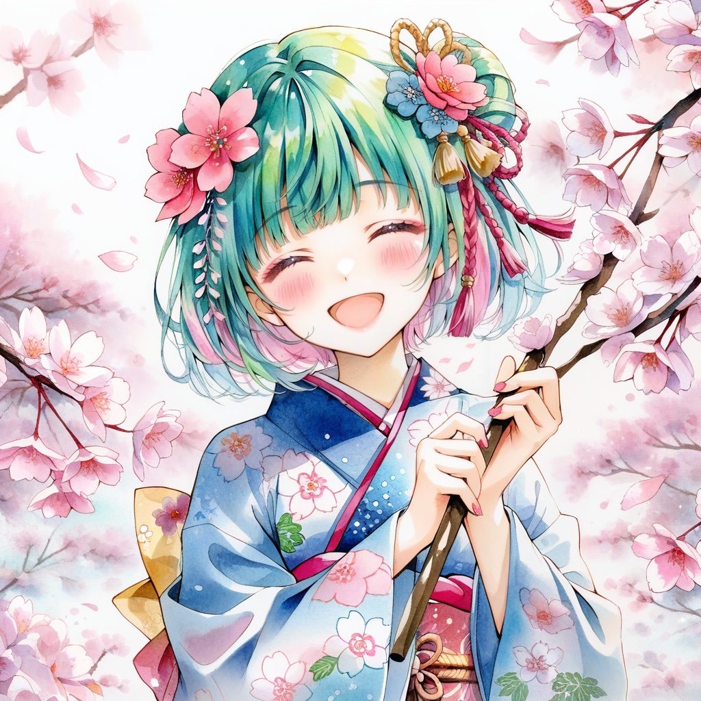 1girl, solo, japanese clothes, closed eyes, kimono, smile, green hair, flower, open mouth, hair ornament, short hair, upper body, holding, bangs, facing viewer, nail polish, blush, branch, :d, hair flower, floral print, bow, traditional media, sash, obi, ^_^, multicolored hair, cherry blossoms, pink flower, long sleeves, hair bow, wide sleeves, painting (medium), watercolor (medium), blue kimono, yellow bow, blue hair, print kimono, gradient hair, colorful, pink nails, aqua hair, kanzashi, tassel, happy, blunt bangs, gem