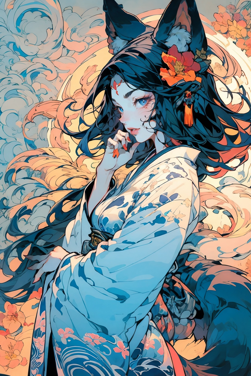 (masterpiece:1.2),best quality,highres,extremely detailed CG,perfect lighting,8k wallpaper,anime,comic,game CG,1girl,animal ears,solo,tail,blue eyes,hair ornament,looking at viewer,chinese clothing,hanfu,hair flower,fox tail,fox ears,flower,simple background,facial mark,long sleeves,upper body,hand up,spot color,whisker markings,wide sleeves,from side,tassel,closed mouth,animal ear fluff,blush,hand on own chin,bangs,white kimono,sash,parted lips,<lora:FF_20231230024508-000005>,