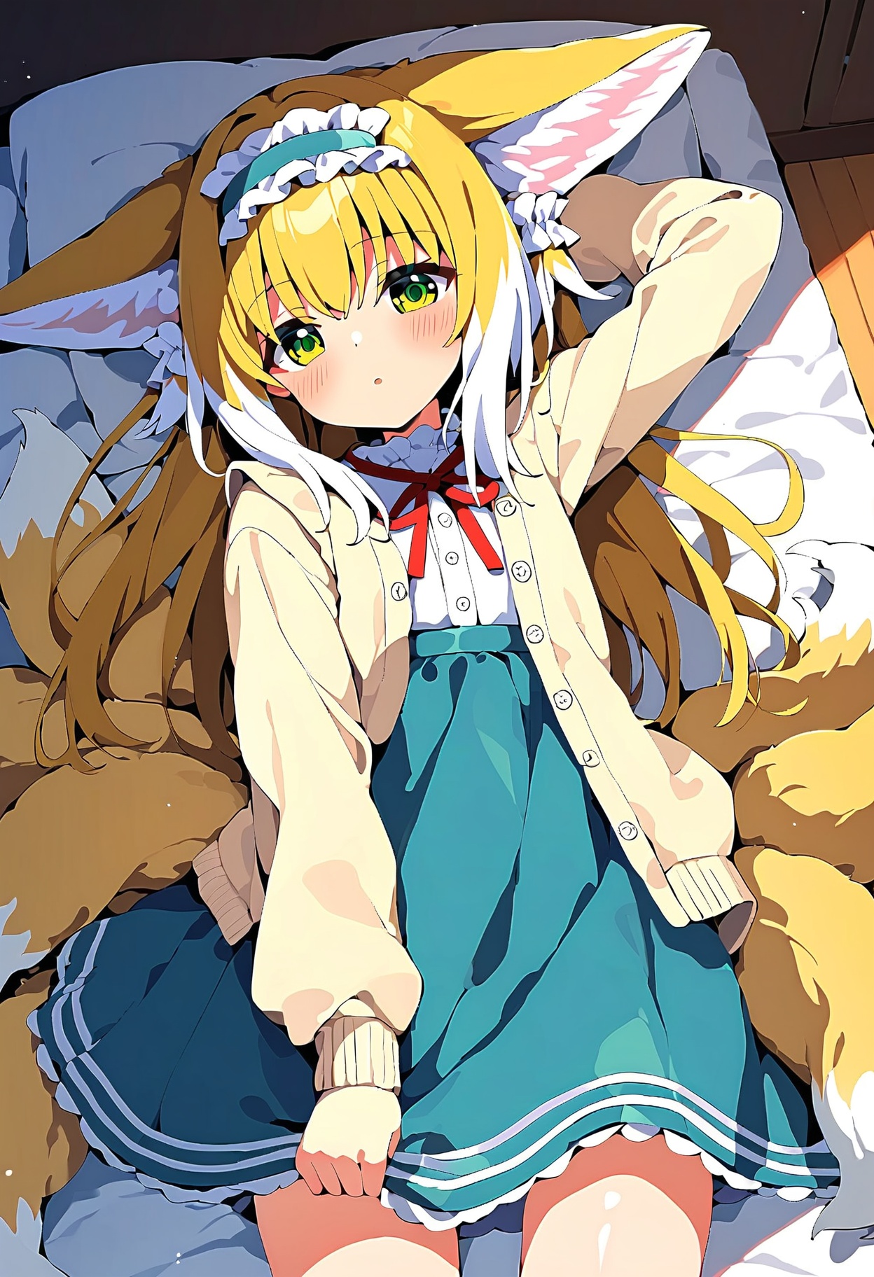 score_9,score_8_up,score_7_up,source_anime BREAK <lora:Suzuran_pony:1>,1girl,solo,suzuran,tails,multiple tails,animal ear fluff,animal ears,blonde hair,green eyes,tails,multiple tails,spring praise,long hair,frilled hairband,blue hairband,blue skirt,light yellow cardigan,open cardigan,puffy long sleeves,neck ribbon,red ribbon,arm up,arm behind head,stretching,blush,sleepy,lying,on bed,