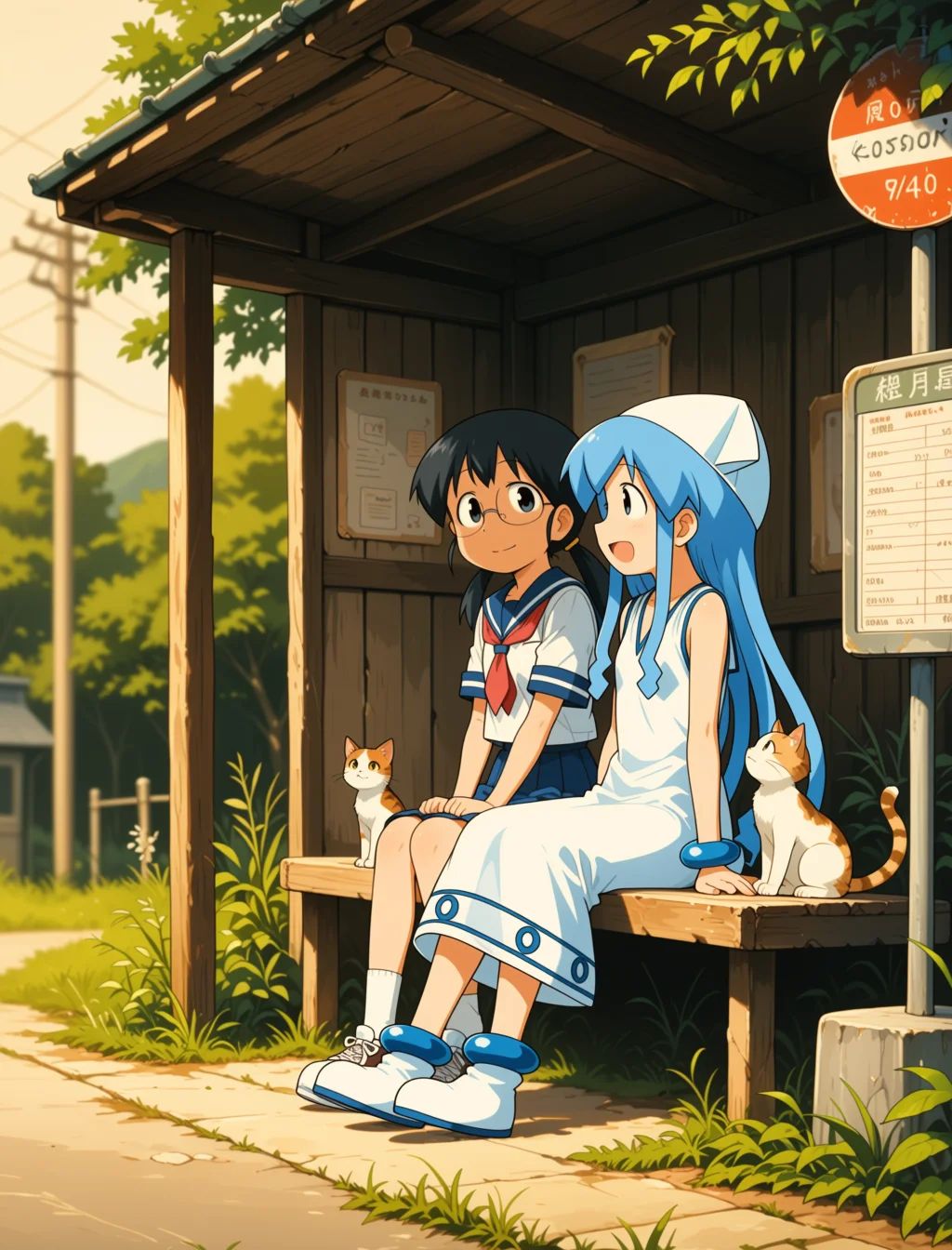 masterpiece,  best quality,  2girls are waiting for the bus on Tensor.Art