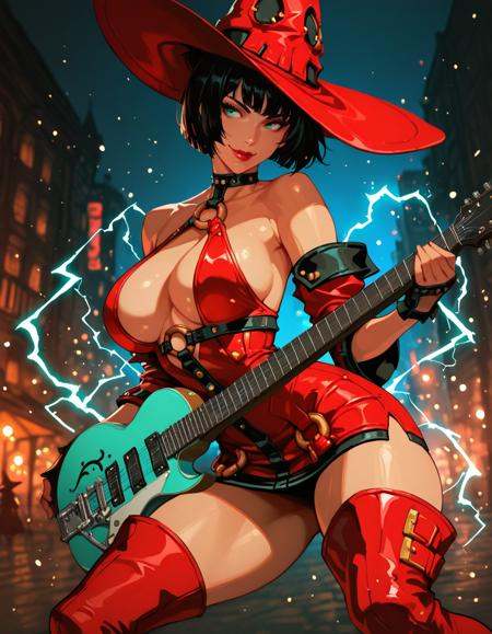 masterpiece,  best quality, 1girl, solo,  absurdres, large breasts,reithdg,ino2,witch hat, o-ring top, red dress, detached sleeves, short dress,  thigh boots,aqua eyes, black hair, short hair, red lips, smile,high up , crouched in a low fighting stance, ready to strike, eye-level view, ,city, night, attack, fighting stance, electricity, holding guitar,  blurry background, glowing, light particles, embedding:SmoothQuality, 