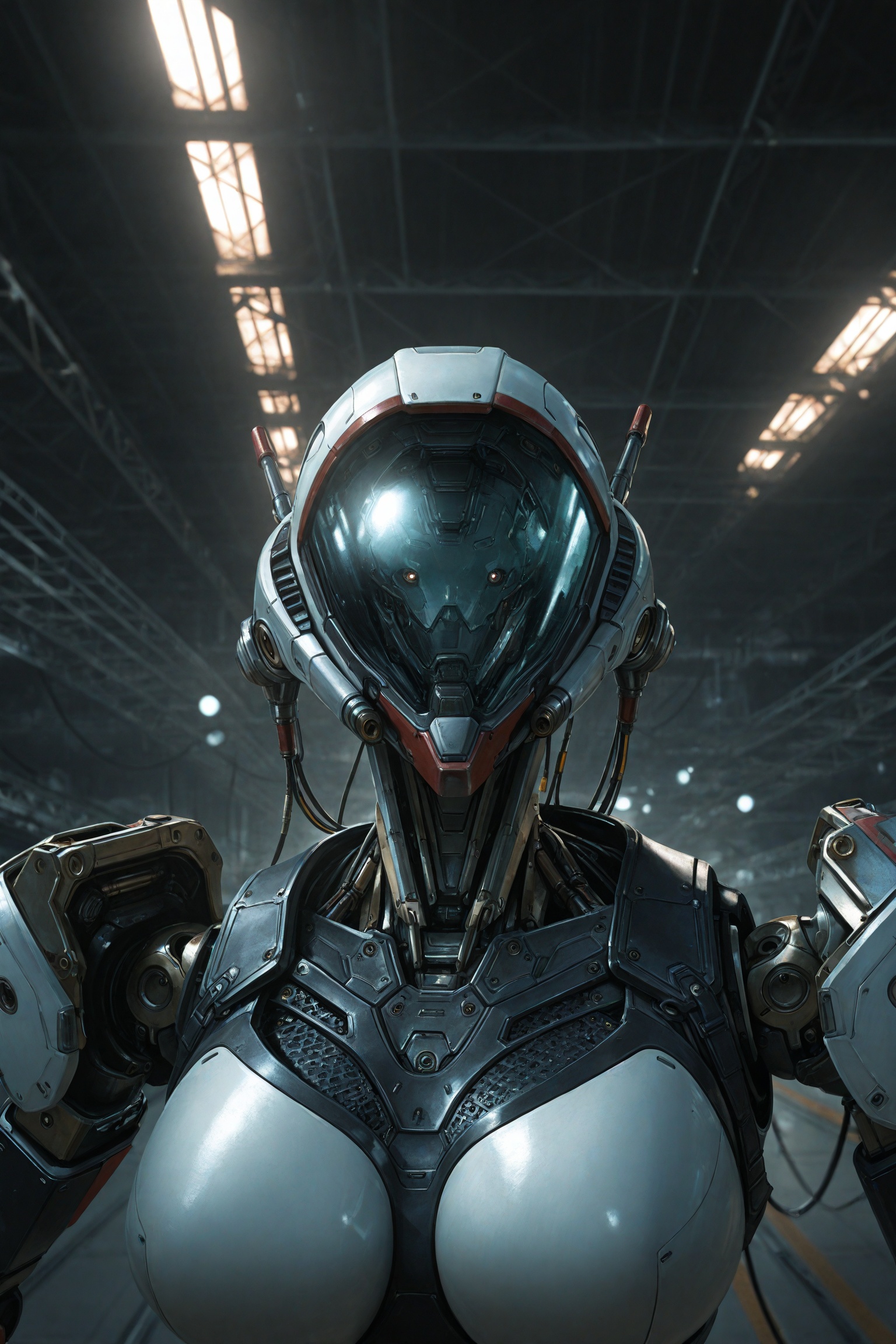 1mecha,tifa,upper body,close-up,machinery,robot joints,metal texture,hard surface,cable,hangar,catwalk \(walkway\),reflection,luster,science fiction,future,photorealistic,cinematic lighting,depth of field,hazy air,masterpiece,best quality,amazing quality,very aesthetic,absurdres,newest,