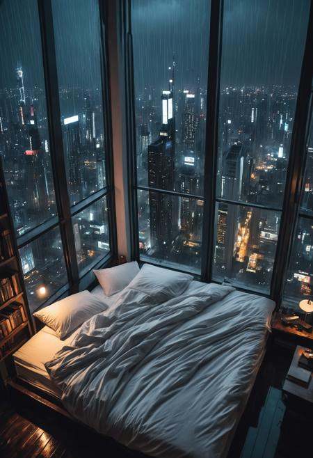 moody aesthetic, beautiful cozy, cramped bedroom with floor to ceiling glass windows overlooking a cyberpunk city at night, view from top of skyscraper, white bedsheets, bookshelves, thunderstorm outside with torrential rain, detailed, high resolution, photorrealistic, dark, gloomy, 