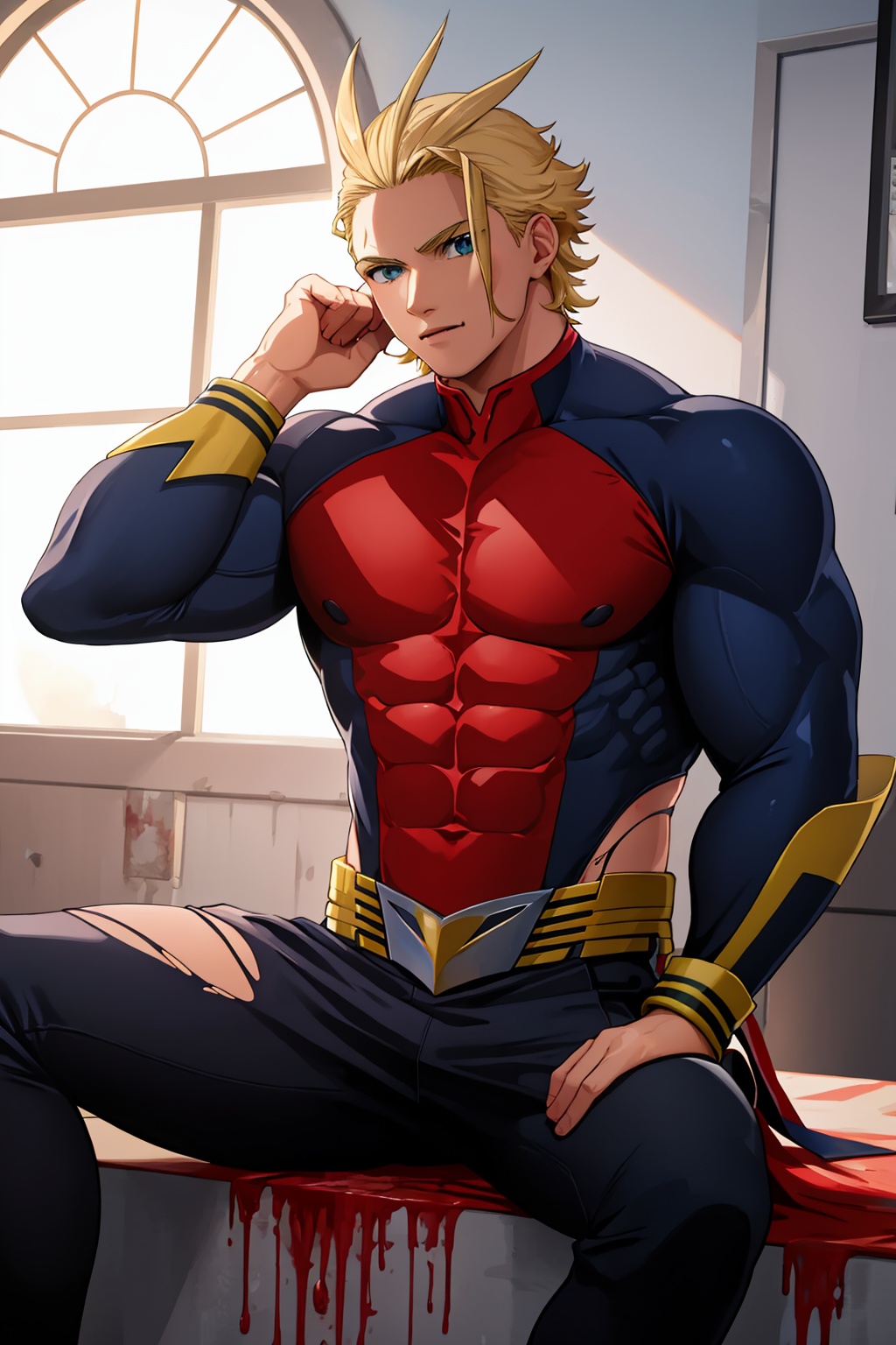 masterpiece,best quality, highly detailed, all might,1boy, solo, muscular male, large pectorals, bara, covered abs, hair slicked back, blood on face, sitting, feet out of frame, abs, torn bodysuit, cuts, blue bodysuit, bruise,<lora:all_might:1>