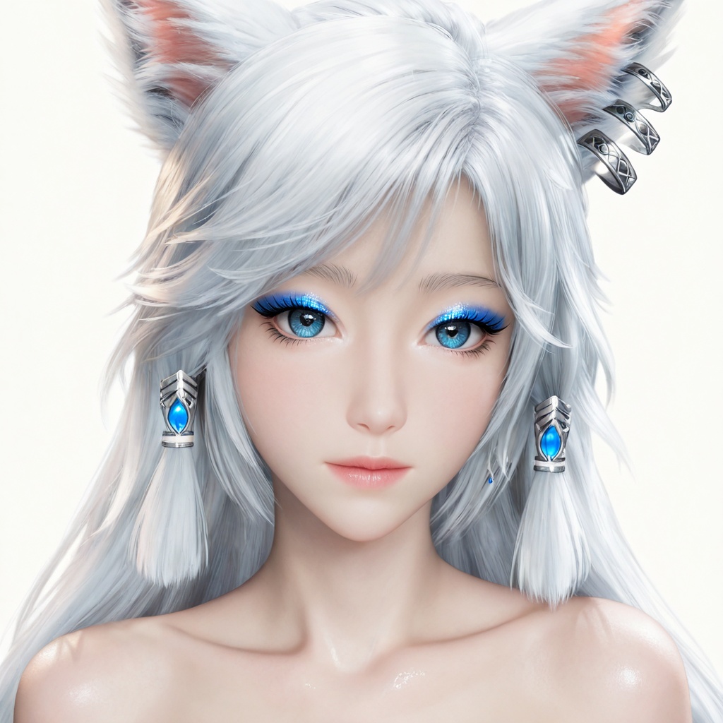 masterpiece,high quality,tall,game cg,highres,(soft light:1.2),white_skin,(shiny_skin:0.6),(realistic:1.1),glitter,<lora:银月·衣服百搭款·化妆:0.7>,yinyue,solo,animal ears,blue eyes,1girl,eyelashes,white background,white hair,looking at viewer,earrings,simple background,long hair,jewelry,fox_ears,makeup,lips,eyeshadow,hair tubes,closed mouth,upper_body,bare shoulders,