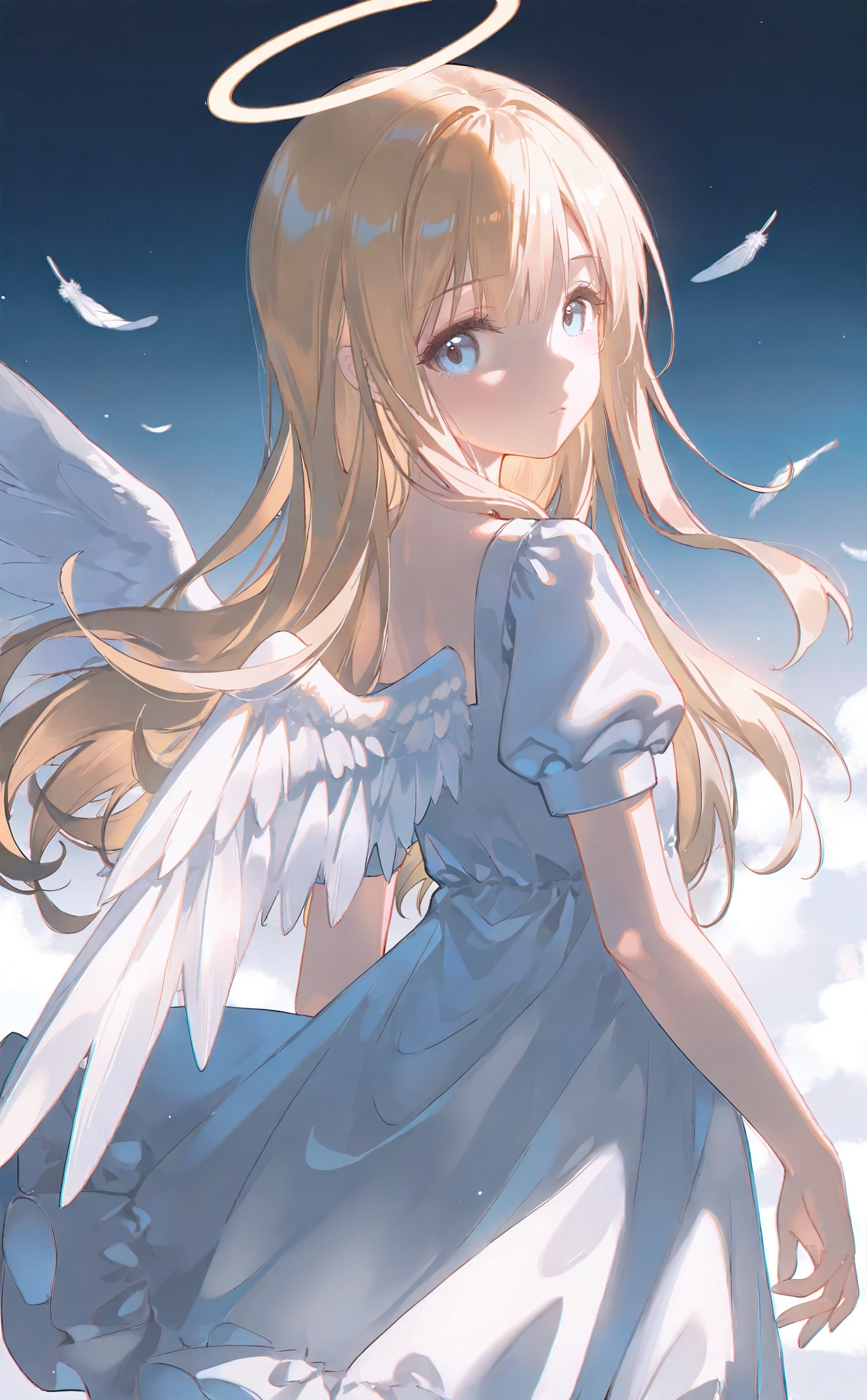 masterpiece,very aware,highres,absurdres,newest,best quality,loli,petite,high quality,chromatic_aberration,cinematic_angle,dutch angle, nyalia, //,artist:ciloranko,artist:ningen_mame,artist:sho_(sho_lwlw),artist:rhasta,artist:wlop,artist:ke-ta,artist:hiten \(hitenkei\),//,1girl, solo, long hair, looking at viewer, bangs, blue eyes, blonde hair, dress, short sleeves, wings, looking back, white dress, halo, feathered wings, angel wings, white wings, angel<lora:maomao-000055:0.8>,
