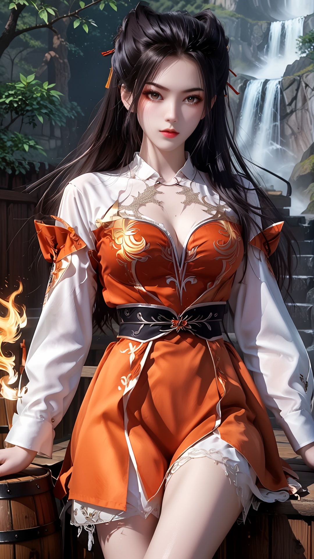 The image is a digital illustration of a female character sitting on a wooden barrel. She is wearing a black and orange outfit with intricate patterns and designs. The outfit has a high neckline and long sleeves, and the skirt is long and flowing. The woman has long dark hair that is styled in loose waves and is holding a yellow flame in her right hand. She has a serious expression on her face and is looking directly at the camera. The background is dark and eerie, with a stone wall on the left side of the image. The overall mood of the illustration is mysterious and powerful..,<lora:pony焰:0.8>,