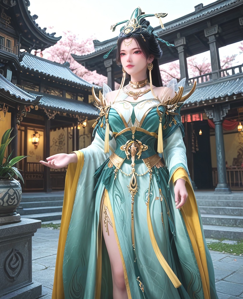 (oriental architecture, elegant decor, sophisticated style:1.1),(walking with a oversized tiger:1.1),(breasts:1.2),<lora:XL师兄啊王母娘娘:0.95>,empress,aque dress paired with a green tight corset,black hair,long hair,hair bun,hair ornament,tassel earrings,jewelry,tassel,double cuffs,choker,bare shoulders,see-through decorative chiffon,black eyes,, score_9,score_8_up,score_7_up,score_6_up,score_5_up,score_4_up,3d rendering,tag1,tag2, Cinematic Lighting,backlighting,