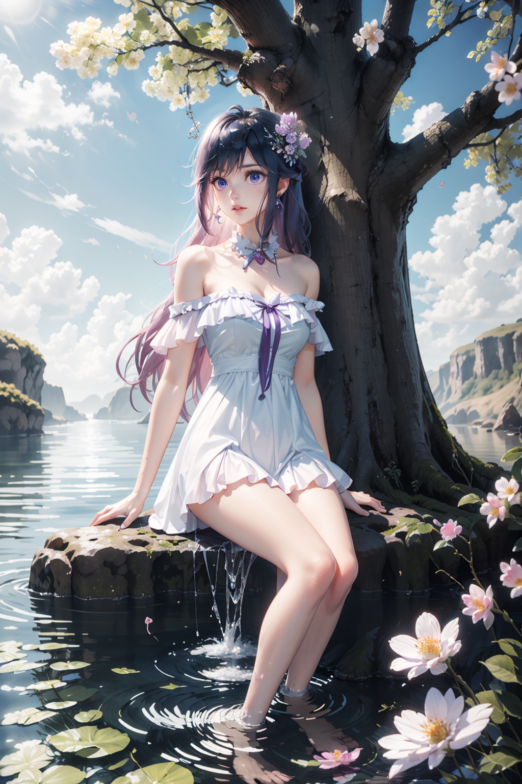 1girl,bare legs,water,dress,sitting,long hair,solo,rock,flower,outdoors,hair ornament,jewelry,bare shoulders,looking at viewer,purple eyes,thighs,tree,earrings,,<lora:jmai_20240512200337-0000010:0.7>