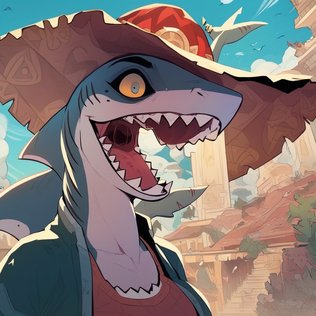 shark the menace of piercing,  a cute shark,  leaping out of the oceanscore_8_up on Tensor.Art