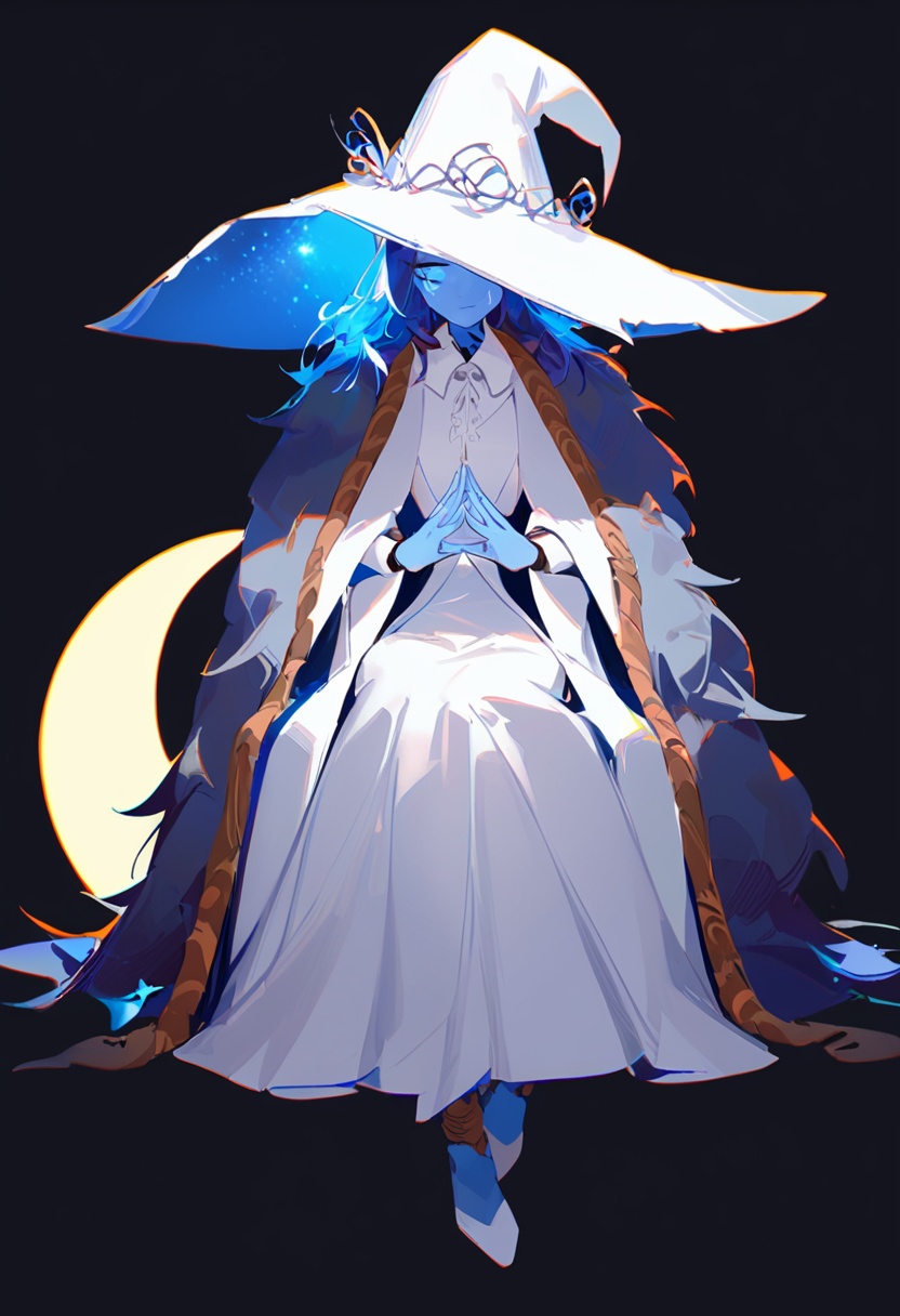 1girl, shiro9jira, ciloranko, ask \(askzy\), (tianliang duohe fangdongye:0.8), white witch hat, blue eyes, blue skin, blue hair, extra faces, extra arms, doll joints, one eye closed, grey fur cloak, white dress, cracked skin, sitting, own hands together, looking at viewer, black background, closed mouth, simple background, moon, steepled fingers, celestial theme, wolves, blue tones, ethereal, glowing effect, night setting, moon crescent on hat, ambient lighting, full body, joints, hat, white hat, dress, solo, colored skin, cloak, witch hat, fur cloak, masterpiece, best quality, newest, absurdres, safe <lora:ln_v1.1-000012:1>