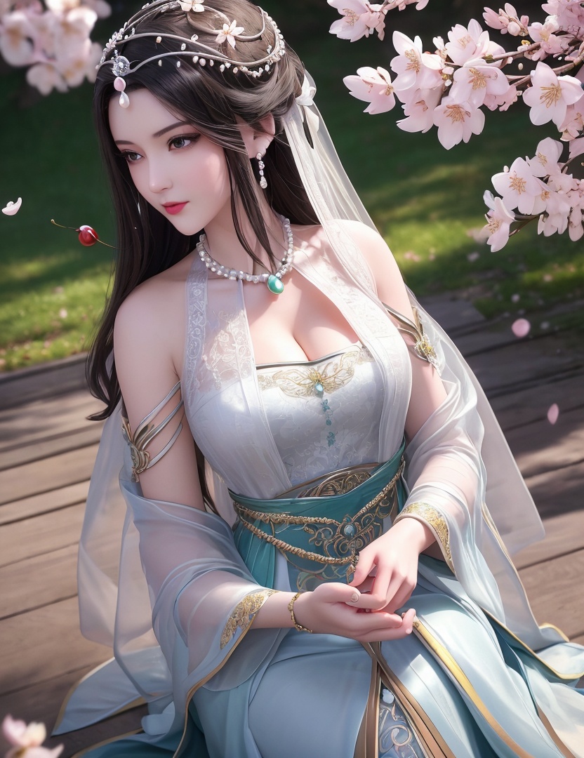 ultra realistic 8k cg, picture-perfect face, flawless, clean, masterpiece, professional artwork, famous artwork, cinematic lighting, cinematic bloom, perfect face, beautiful face, fantasy, dreamlike, unreal, science fiction,   lace, lace trim, lace-trimmed legwear,  (rich:1.4), prestige, luxury, jewelry, diamond, gold, pearl, gem, sapphire, ruby, emerald, intricate detail, delicate pattern, charming, alluring, seductive, erotic, enchanting, hair ornament, necklace, earrings, bracelet, armlet,halo((,1girl, pov,))  , ((((1girl, solo, ,cherry blossoms,outdoors, ))))<lora:DA_LinQingZhu:0.6>