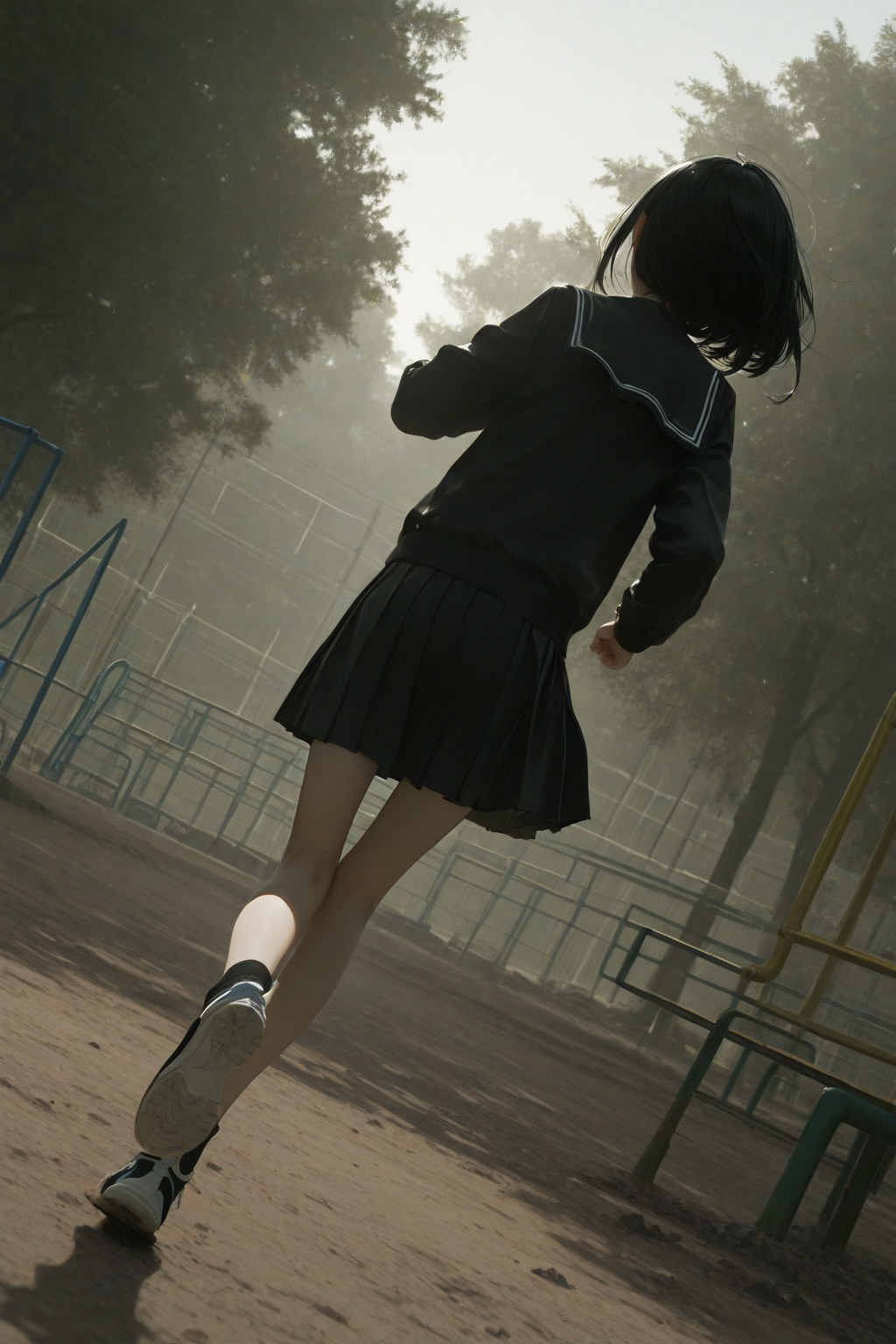 masterpiece,(dino_(dinoartforame):0.5),(yoneyama mai:0.5),1girl,solo,school uniform,outdoor,playground,jogging,dynamic fuzzy,dutch angle,