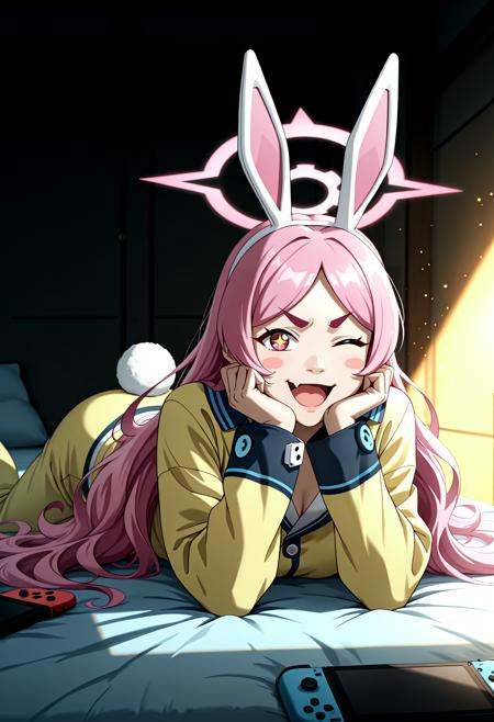Smooth Quality, <lora:Avatar-Anime-Style2:1> In the Avatar Animation style, nordic fjord,long hair,fake animal ears,fake tail,pink hair,happy,absurdres,pink halo,looking at viewer,hair spread out,hands on own cheeks,lying,animal ears,solo,highres,red eyes,blurry background,;d,thick eyebrows,tail,very long hair,koyuki \(pajamas\) \(blue archive\),open mouth,1girl,hands up,blurry,halo,fang,hands on own face,feet out of frame,indoors,rabbit tail,long sleeves,pajamas,one eye closed,the pose,+ +,on stomach,skin fang,yellow pajamas,blue archive,v-shaped eyebrows,fukujin,closed mouth,dice,nintendo switch,rabbit ears,head rest,smile,koyuki \(blue archive\),blush stickers,official alternate costume