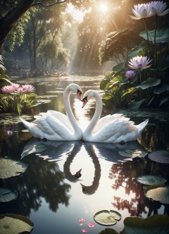 (masterpiece), realistic lighting,realistic, intricate details, hyperdetailed, extremely sharp, 4k, ,vivid colors,((masterpiece)), ((best quality)), (ultra-detailed), absurdres, extremely detailed CG unity 8k wallpaper, Official Art, two beautiful swans in the pond, one in front of the other, forming a heart, same size,they kiss, trees, plants, flowers, water lilies, breathtaking sunset, astral energy, magical and romantic atmosphere colorful, late spring scenery, illustration, (dramatic lighting:1.1),hyperdetailed, hyperrealistic, 8k, high quality, hi res, best quality, high quality, absurd res, volumetric lighting, reflections, polished, intricate, soft warm lighting,